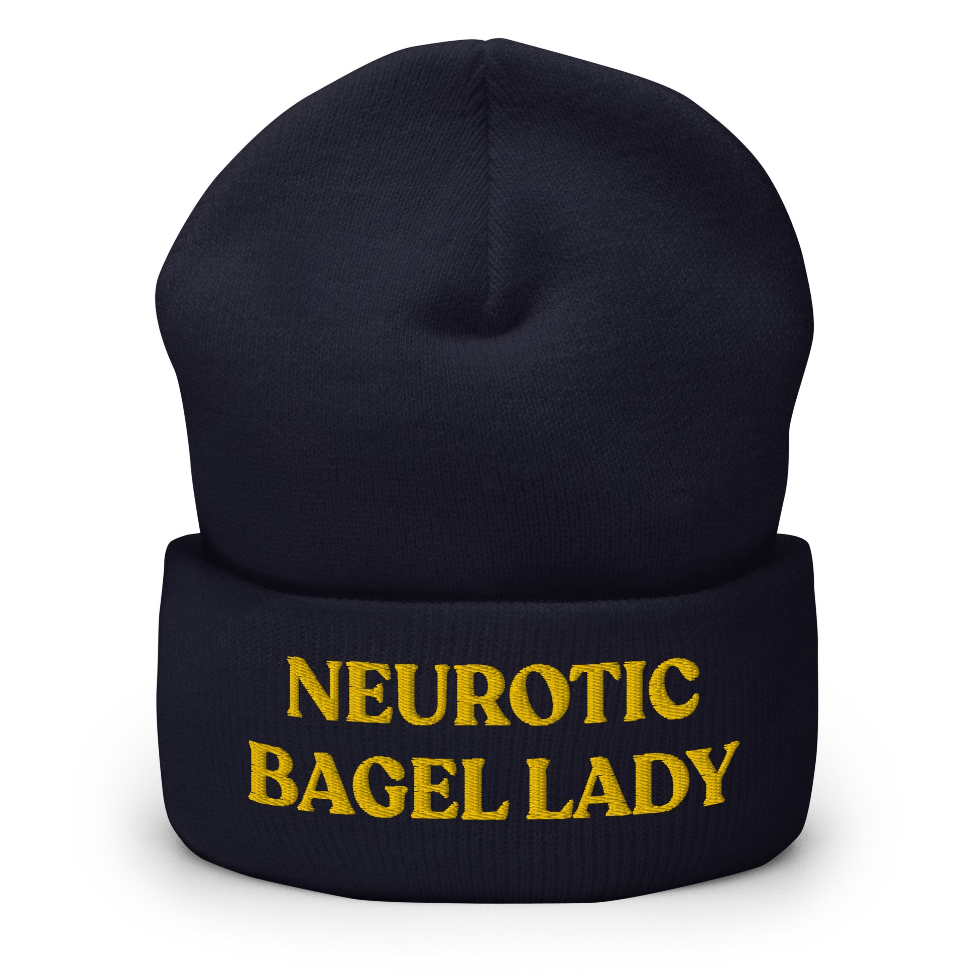 Navy - Are you a little neurotic? A proud bagel enthusiast? Our Neurotic Bagel Lady Beanie is just what you need! It's warm, cozy and a funny winter hat for bagel lovers and foodies of all kinds. Looking for something personalized? A different embroidery color? Shoot us an email! 
