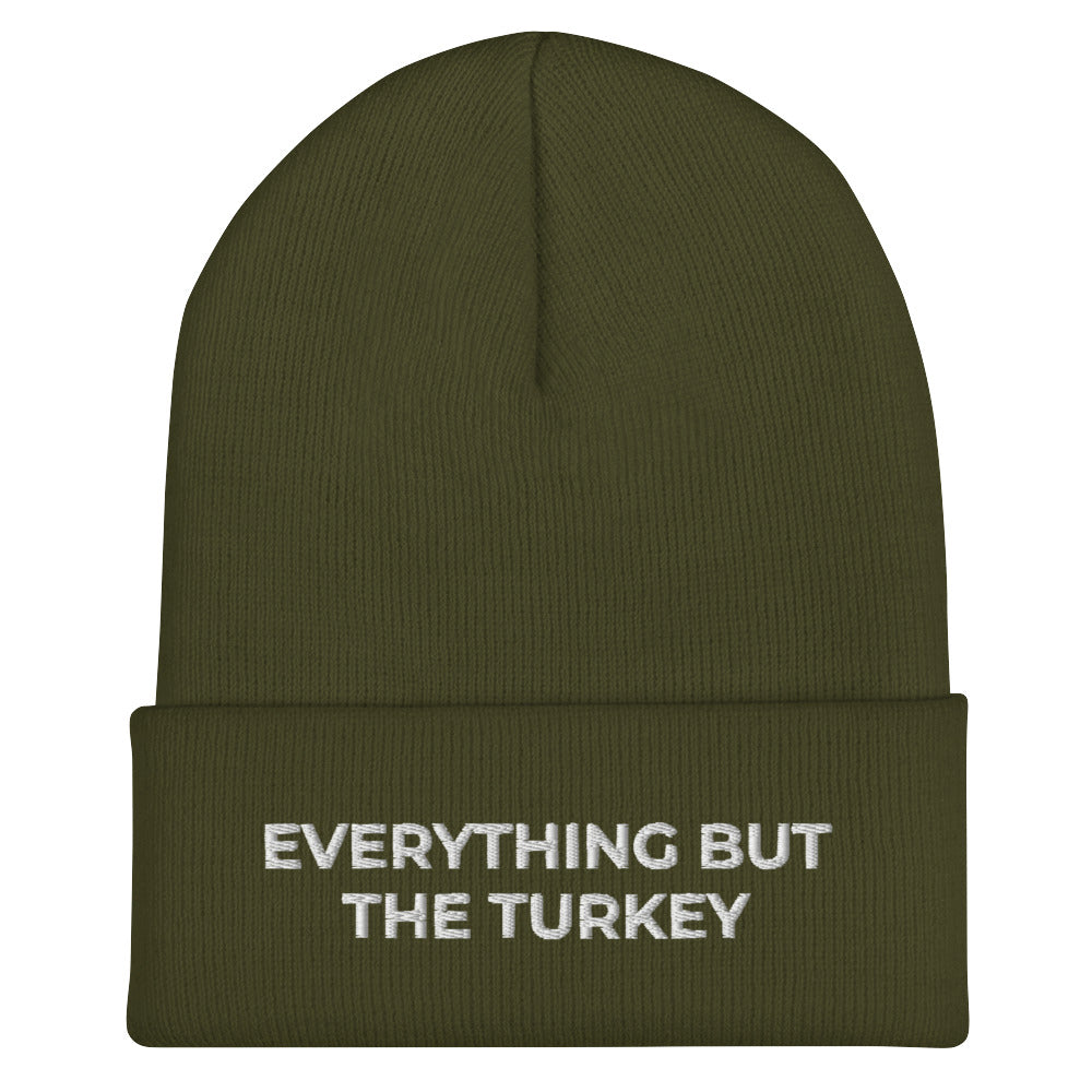 Army Green Everything But The Turkey Vegan Holiday Hat from Nina's Funky Shop by ninanush - Do you love Turkeys? Looking for a funny holiday gift for a vegan? Our Everything But The Turkey Beanie is perfect funky hat for animal lovers and plant based babes of all kinds. Show off in this funny vegan foodie beanie. It comes in a variety of colors, with "Everything But The Turkey" on the front. A statement hat for vegans and vegetarians, designed by Nina and made just for you!