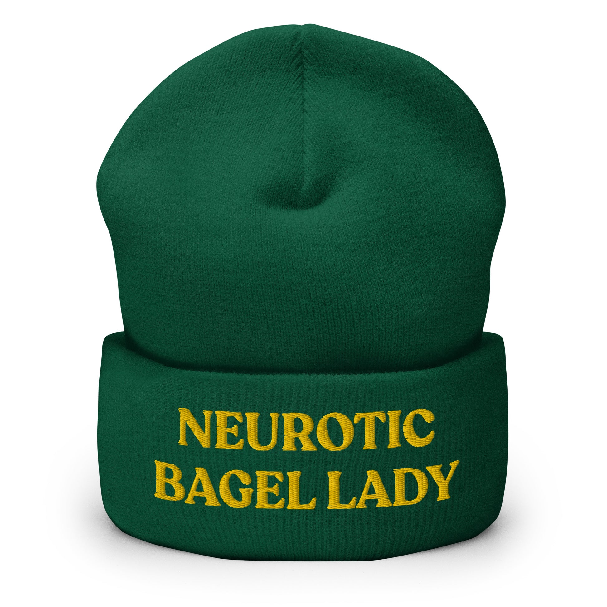 Green - Are you a little neurotic? A proud bagel enthusiast? Our Neurotic Bagel Lady Beanie is just what you need! It's warm, cozy and a funny winter hat for bagel lovers and foodies of all kinds. Looking for something personalized? A different embroidery color? Shoot us an email! 

