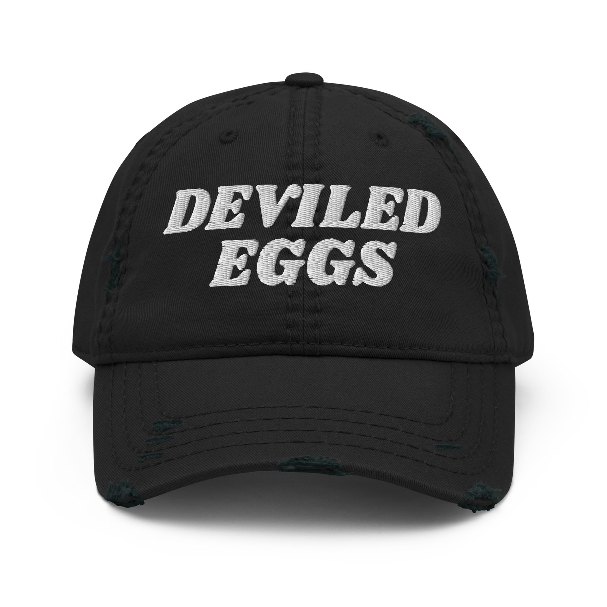 Black Deviled Eggs Hat - Crazy about deviled eggs? Looking for a gift for a deviled egg enthusiast? Our Deviled Eggs Hat is comfortable, adjustable and made just for you. It's a funny dad hat, expertly embroidered and perfect for everyday streetwear.

