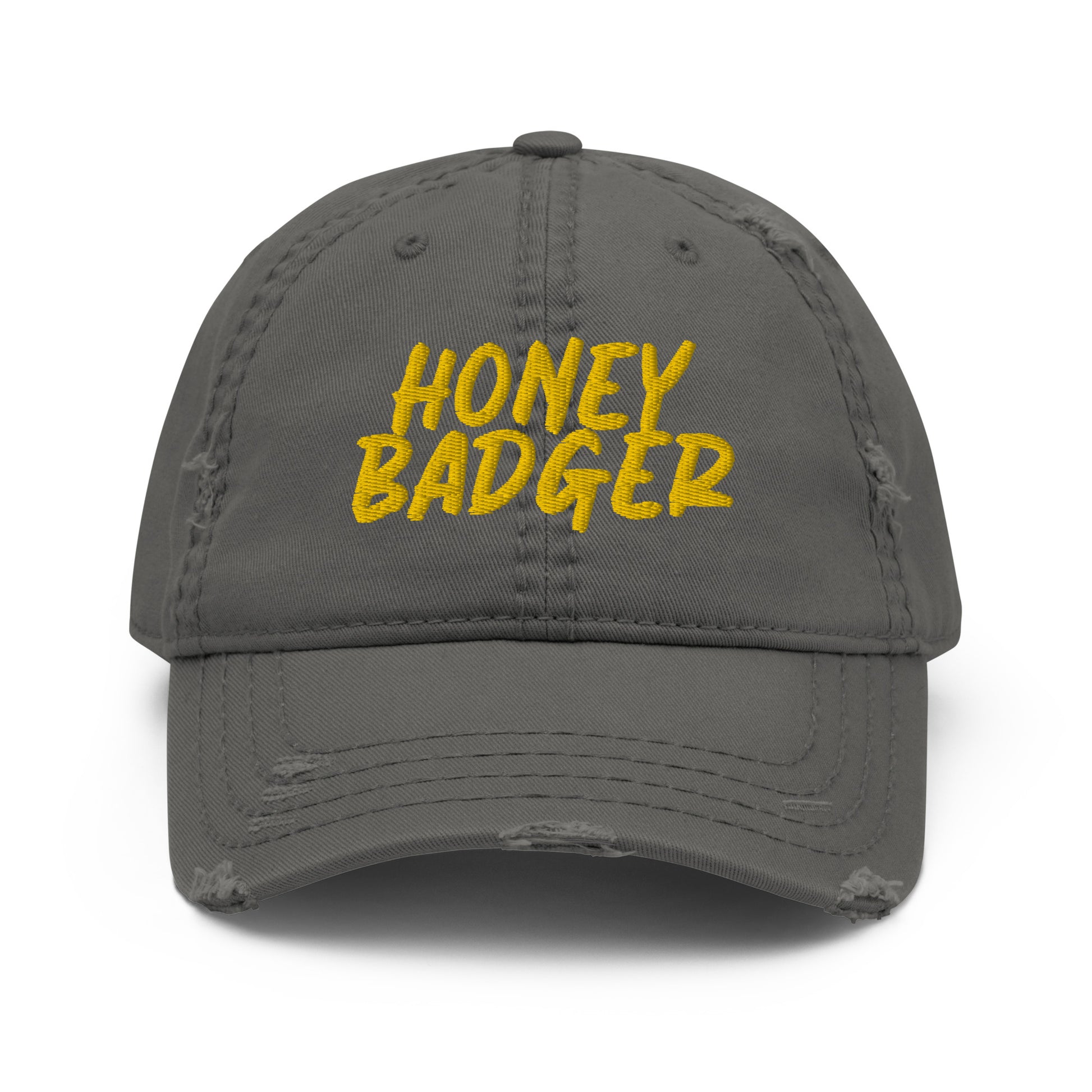 Gray honey badger hat from Nina's Funky Shop by ninanush - This honey badger dad hat is comfortable, with a unique embroidery and a stylish distressed fabric. The weird animal hat has an adjustable closure and comes in a variety of colors. Stand out and add a little personality to your style in this funny dad hat for honey badger lovers and gift for badger enthusiasts of all kinds.