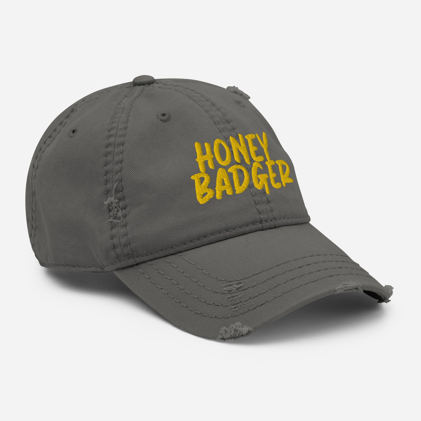 gray honey badger hat from Nina's Funky Shop by ninanush - This honey badger dad hat is comfortable, with a unique embroidery and a stylish distressed fabric. The weird animal hat has an adjustable closure and comes in a variety of colors. Stand out and add a little personality to your style in this funny dad hat for honey badger lovers and gift for badger enthusiasts of all kinds.