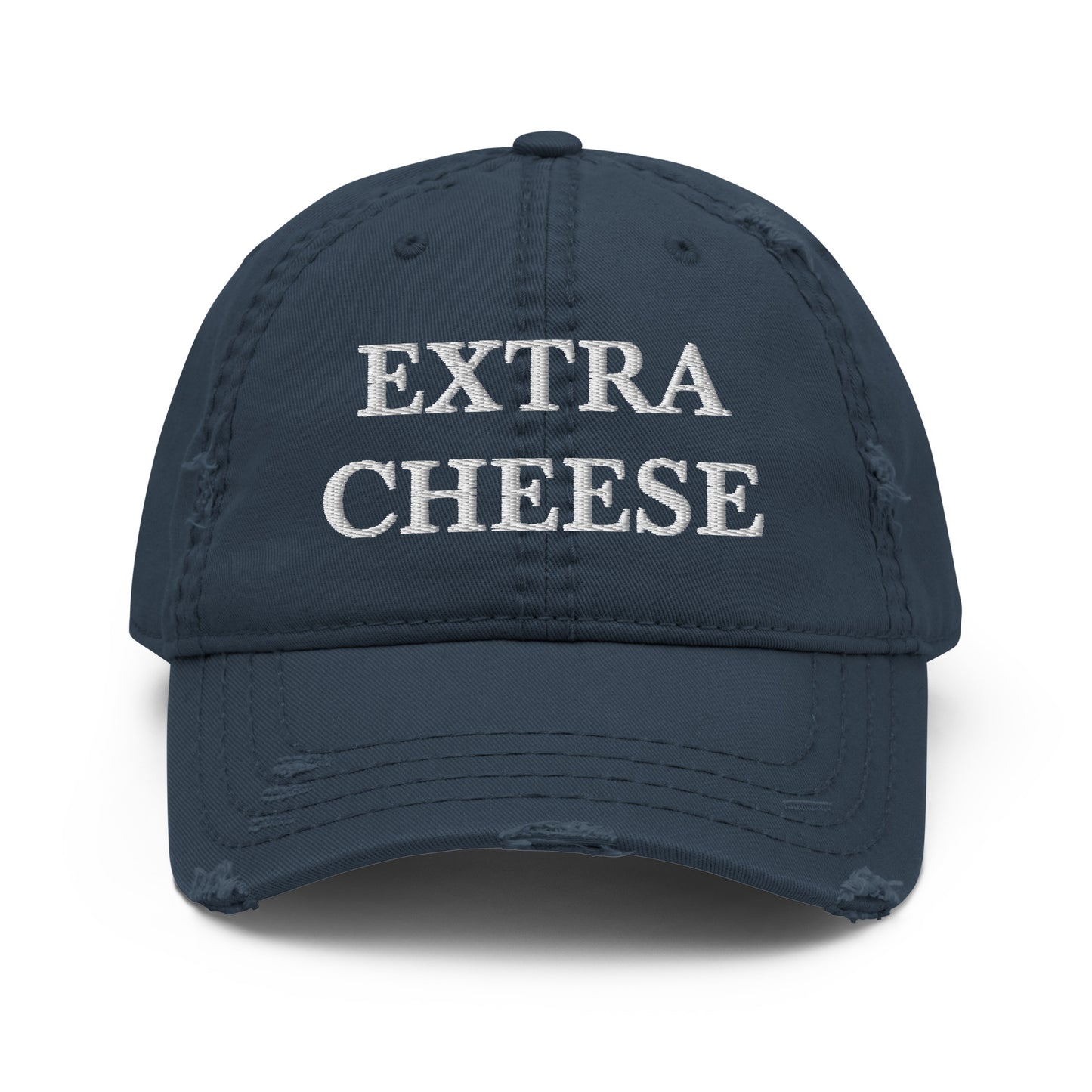 Navy Extra Cheese Dad Hat from Nina's Funky Shop by ninanush - Do you love cheese? Looking for a funny gift for a friend? This Extra Cheese Dad Hat is just what you need. It's comfortable with a stylish distressed fabric, expertly embroidered with the words "Extra Cheese." Stand out and add a little personality to your everyday style in this funny dad hat for cheese enthusiasts. 