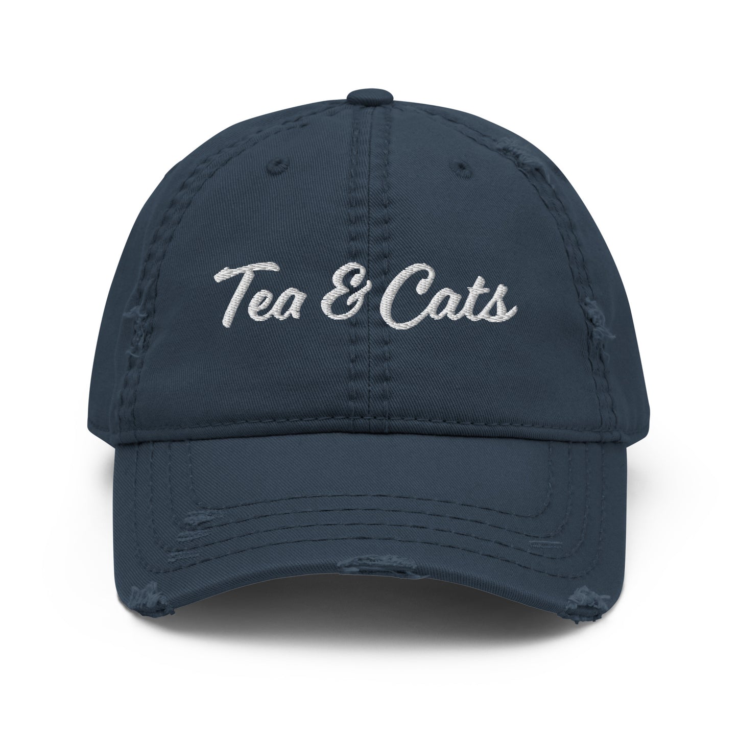 Navy Tea and Cats Hat - Love cats? Tea drinker? This Tea & Cats Hat is just what you need. It's a comfortable cotton hat with an adjustable closure and "Tea & Cats", expertly embroidered on the front. Stand out in our funny apparel. It's unique, sarcastic, and perfect for everyday foodies. Designed by Nina and made just for you!