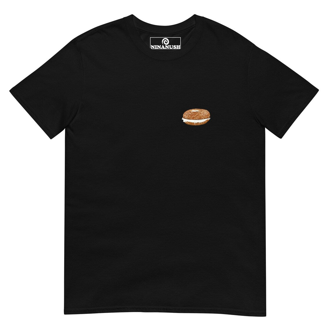 Black everything bagel and cream cheese t-shirt - This funny bagel and raccoon lover t-shirt has a little bagel on the front and a raccoon eating a bagel on the back with the words "destiny." The hand drawn design is totally unique and printed on a classic comfortable t-shirt. Eat bagels in style or give it as a funny gift for raccoon lovers and bagel enthusiasts.