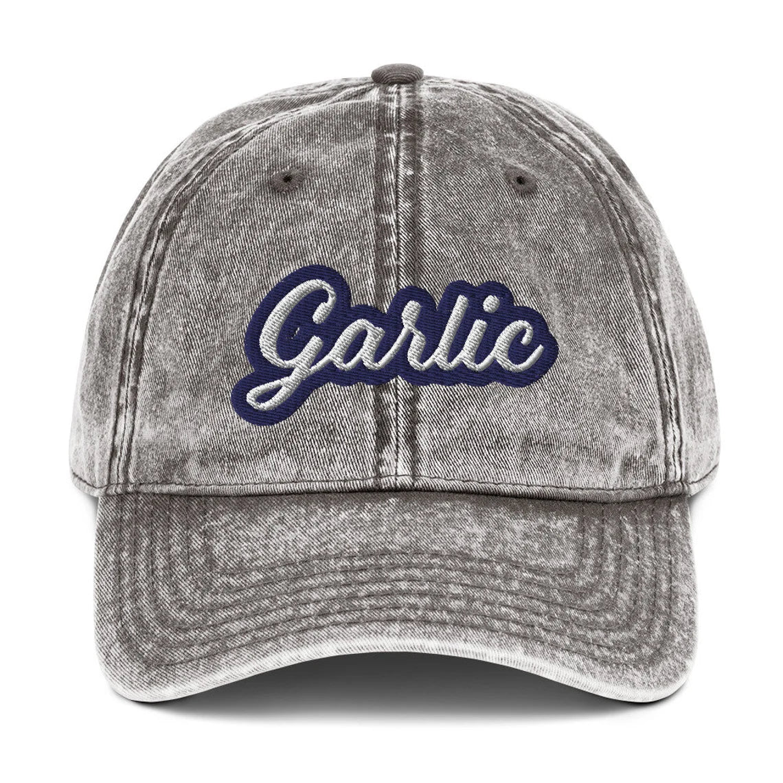 Gray dad hat with embroidered garlic design - Show your love of garlic with this vintage-style garlic dad hat. Perfect for garlic enthusiasts, it's a funny gift for the garlic lover in your life. It's a comfortable and unique foodie hat that's sure to make a statement. If you love garlic, stand out in this funky, embroidered, weird dad hat made just for you. 