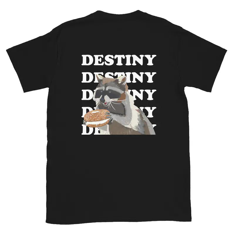 Black shirt with raccoon and everything bagel - This funny bagel and raccoon lover t-shirt has a little bagel on the front and a raccoon eating a bagel on the back with the words "destiny." The hand drawn design is totally unique and printed on a classic comfortable t-shirt. Eat bagels in style or give it as a funny gift for raccoon lovers and bagel enthusiasts.