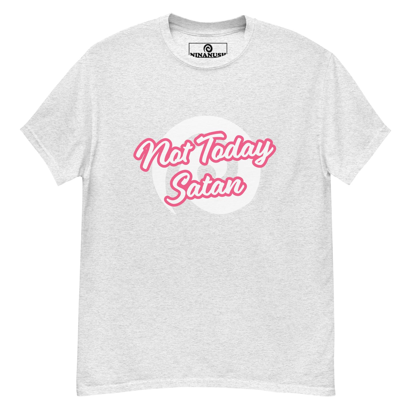 Gray not today satan t-shirt from Nina's Funky Shop by ninanush - "Not today Satan" This classic cotton t-shirt is comfortable with a structured streetwear style. It stands out and comes in a variety of colors with "Not Today Satan" printed in pink and white.