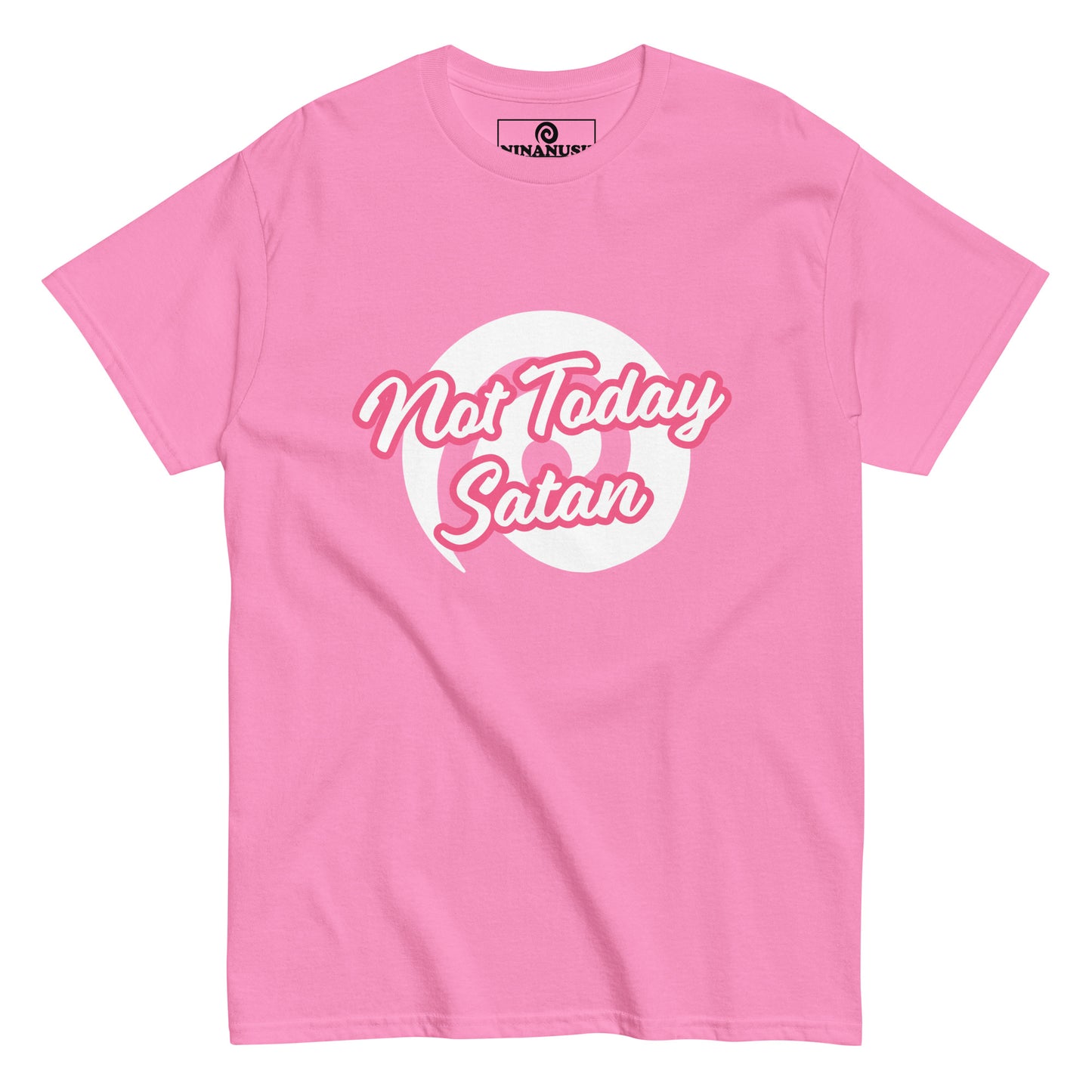 Pink not today satan t-shirt from Nina's Funky Shop by ninanush - "Not today Satan" This classic cotton t-shirt is comfortable with a structured streetwear style. It stands out and comes in a variety of colors with "Not Today Satan" printed in pink and white.