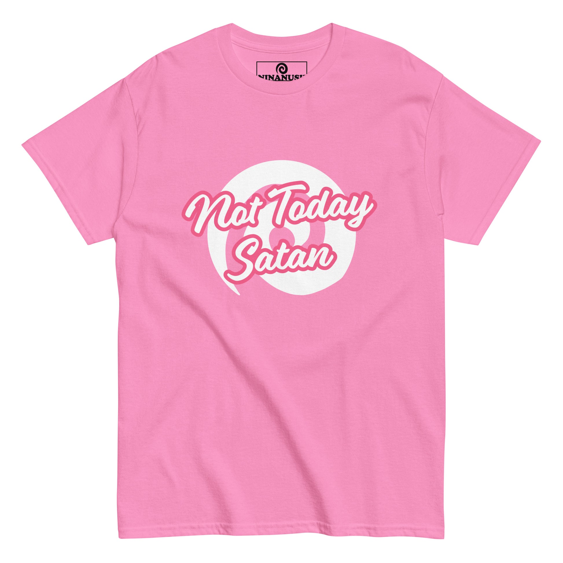 Pink not today satan t-shirt from Nina's Funky Shop by ninanush - "Not today Satan" This classic cotton t-shirt is comfortable with a structured streetwear style. It stands out and comes in a variety of colors with "Not Today Satan" printed in pink and white.
