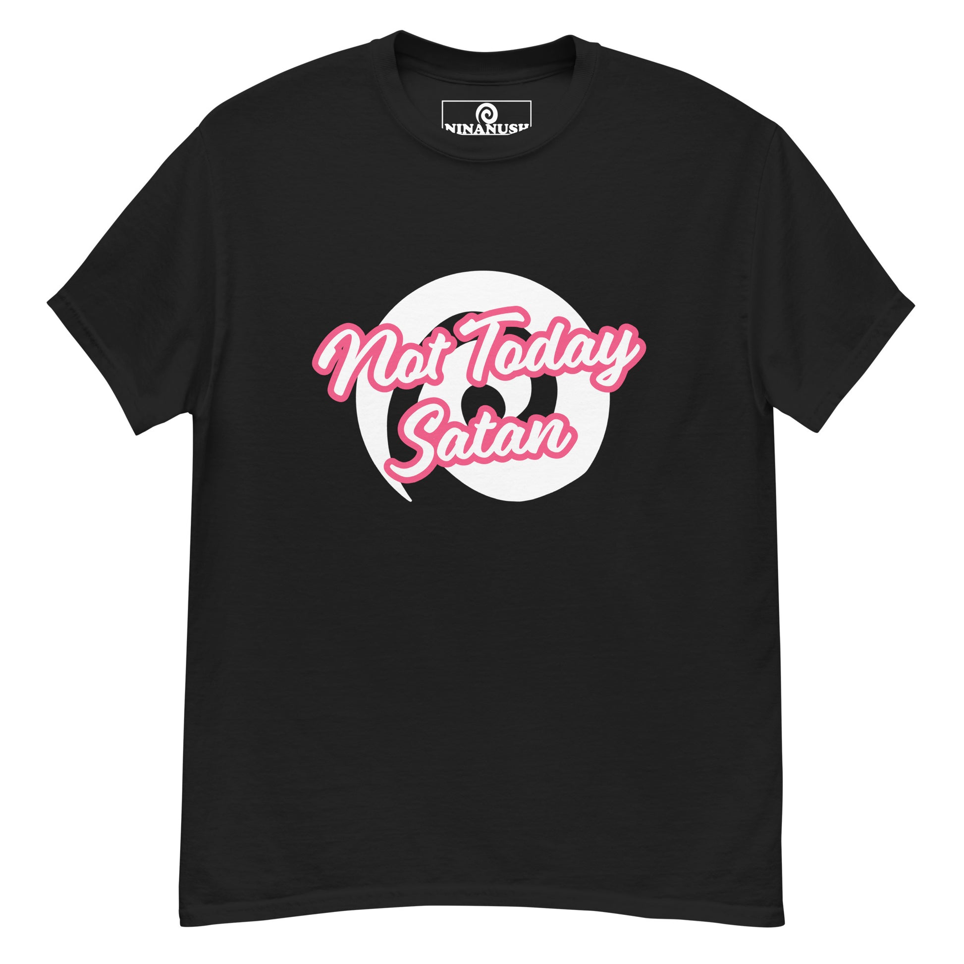 Black not today satan t-shirt from Nina's Funky Shop by ninanush - "Not today Satan" This classic cotton t-shirt is comfortable with a structured streetwear style. It stands out and comes in a variety of colors with "Not Today Satan" printed in pink and white.