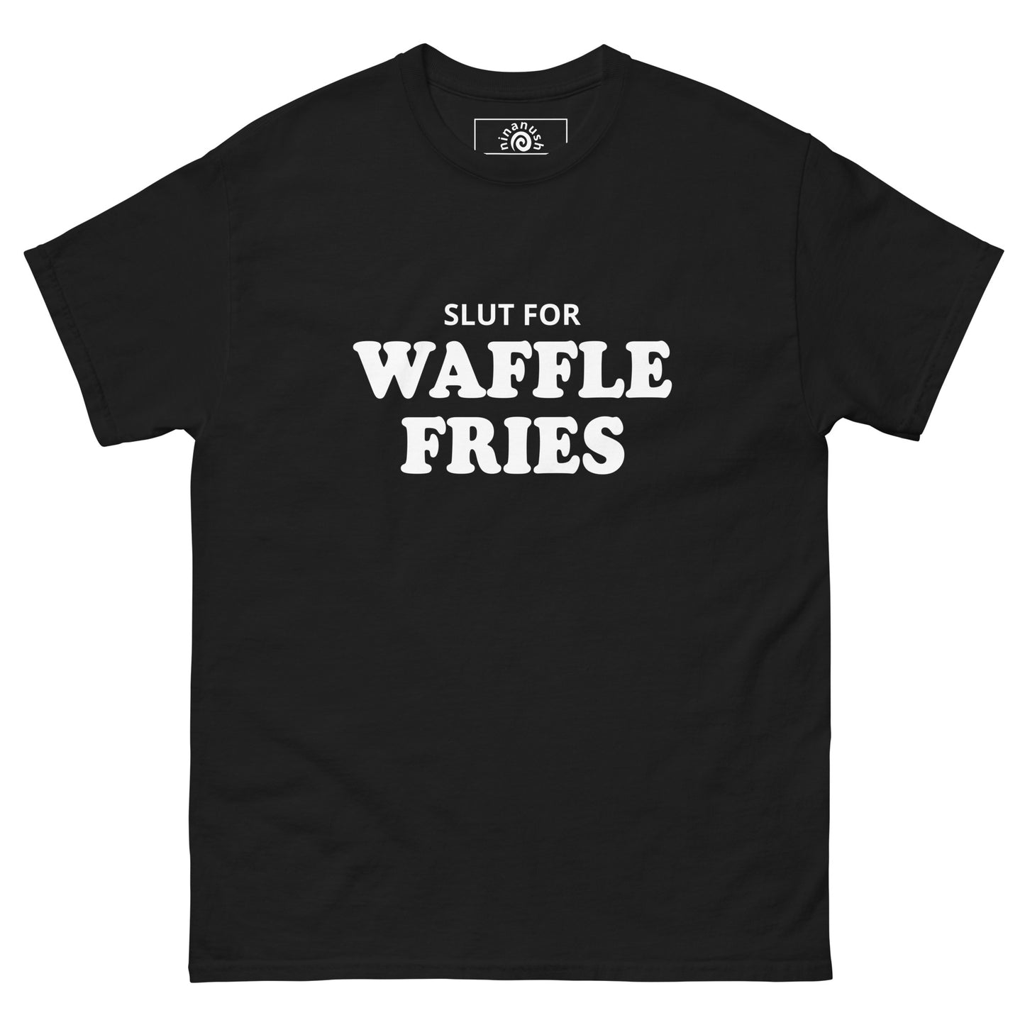 Black Slut for Waffle Fries T-shirt from Nina's Funky Shop by ninanush - Do you love waffle fries? Looking for a funny foodie gift? Our Waffle Fries T-shirt is soft, comfortable and just what you need. It's a structured unisex t-shirt with "Slut For Waffle Fries", expertly printed on the front. A funny foodie t-shirt for waffle fry enthusiasts and foodies of all kinds. Celebrate your favorite foods in our funky foodie apparel!