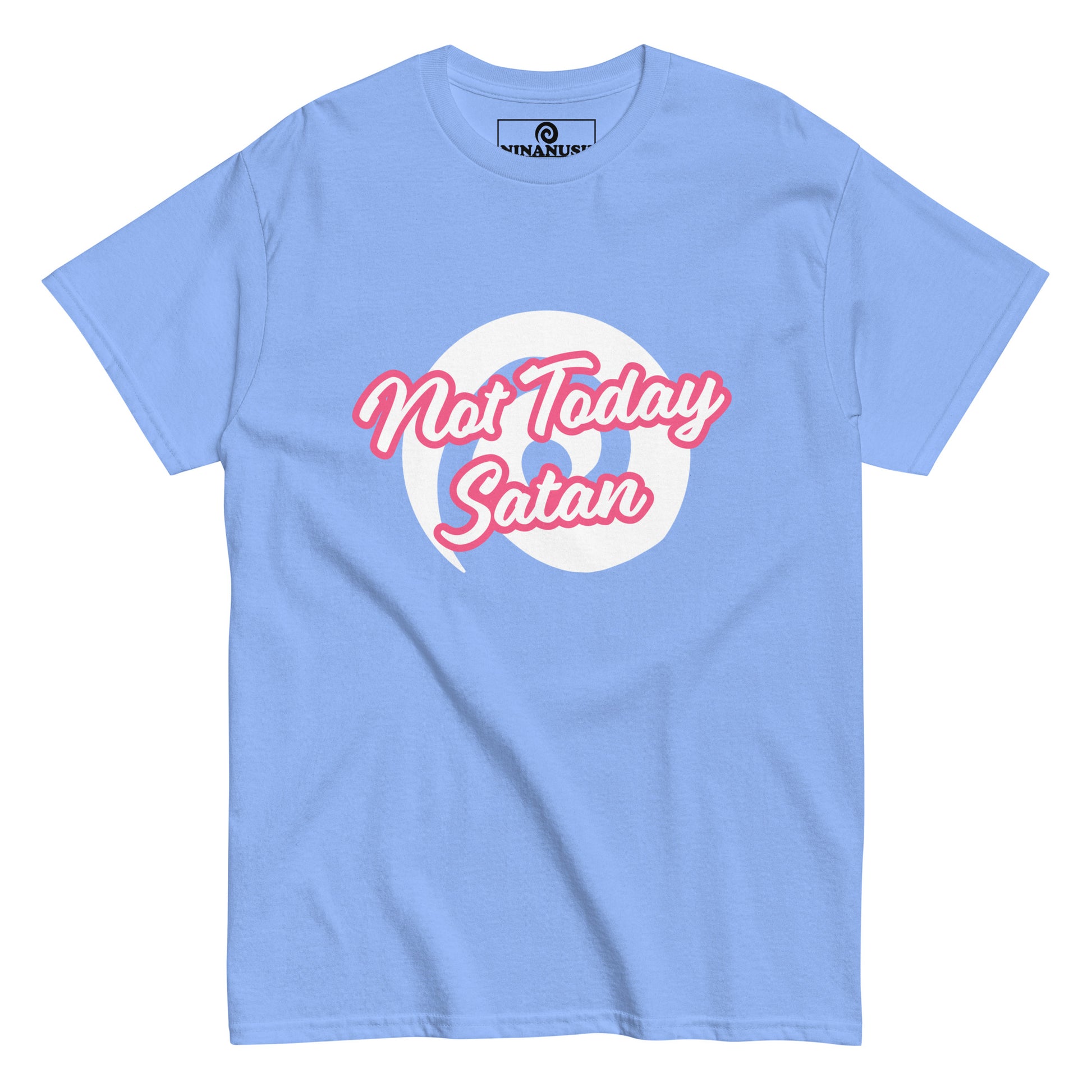 Blue not today satan t-shirt from Nina's Funky Shop by ninanush - "Not today Satan" This classic cotton t-shirt is comfortable with a structured streetwear style. It stands out and comes in a variety of colors with "Not Today Satan" printed in pink and white.
