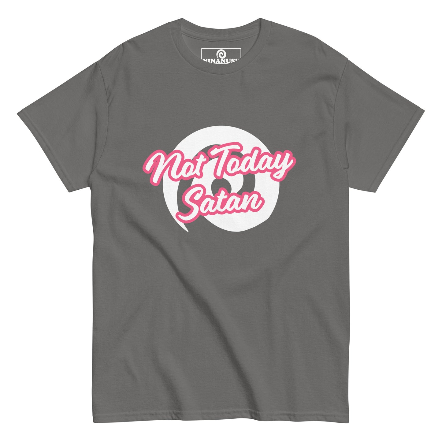 Gray not today satan t-shirt from Nina's Funky Shop by ninanush - "Not today Satan" This classic cotton t-shirt is comfortable with a structured streetwear style. It stands out and comes in a variety of colors with "Not Today Satan" printed in pink and white.