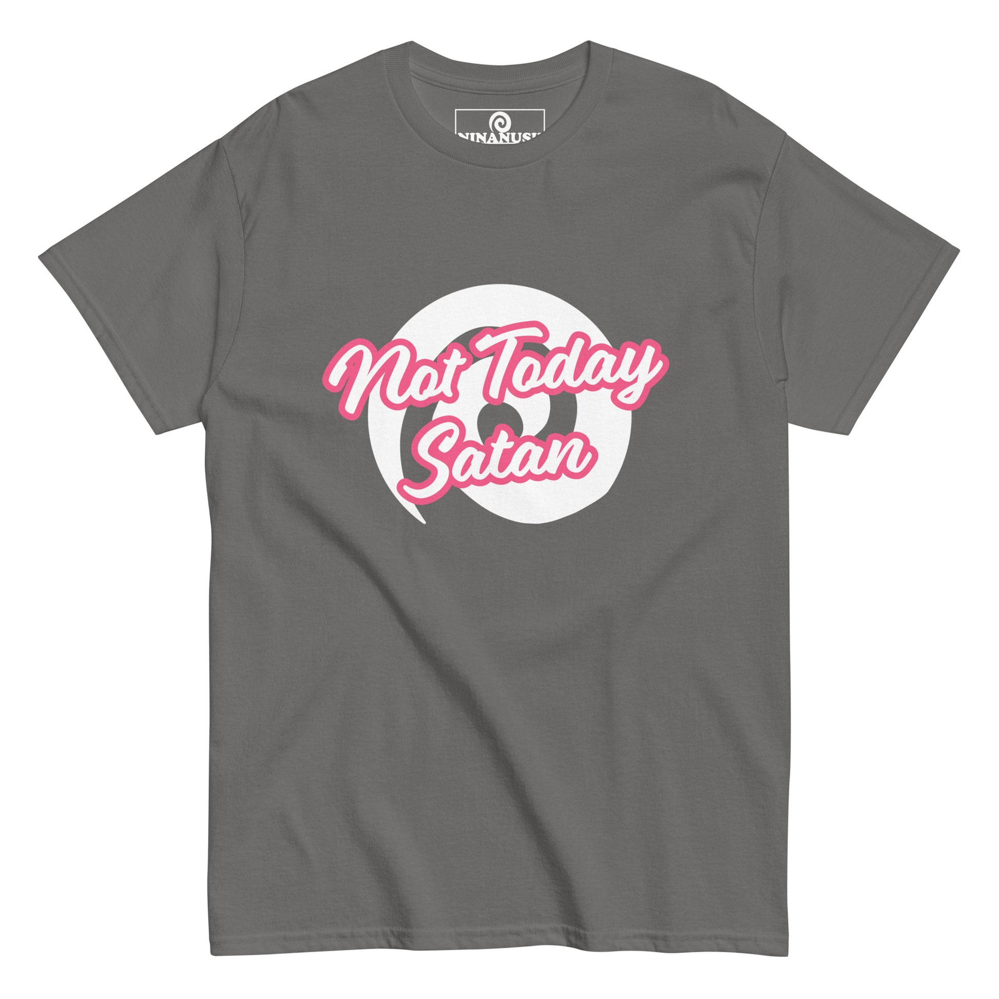 Gray not today satan t-shirt from Nina's Funky Shop by ninanush - "Not today Satan" This classic cotton t-shirt is comfortable with a structured streetwear style. It stands out and comes in a variety of colors with "Not Today Satan" printed in pink and white.