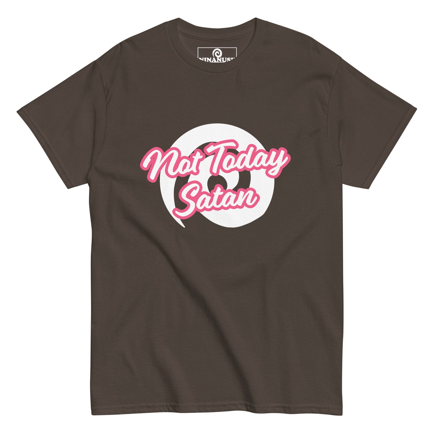 Brown not today satan t-shirt from Nina's Funky Shop by ninanush - "Not today Satan" This classic cotton t-shirt is comfortable with a structured streetwear style. It stands out and comes in a variety of colors with "Not Today Satan" printed in pink and white.
