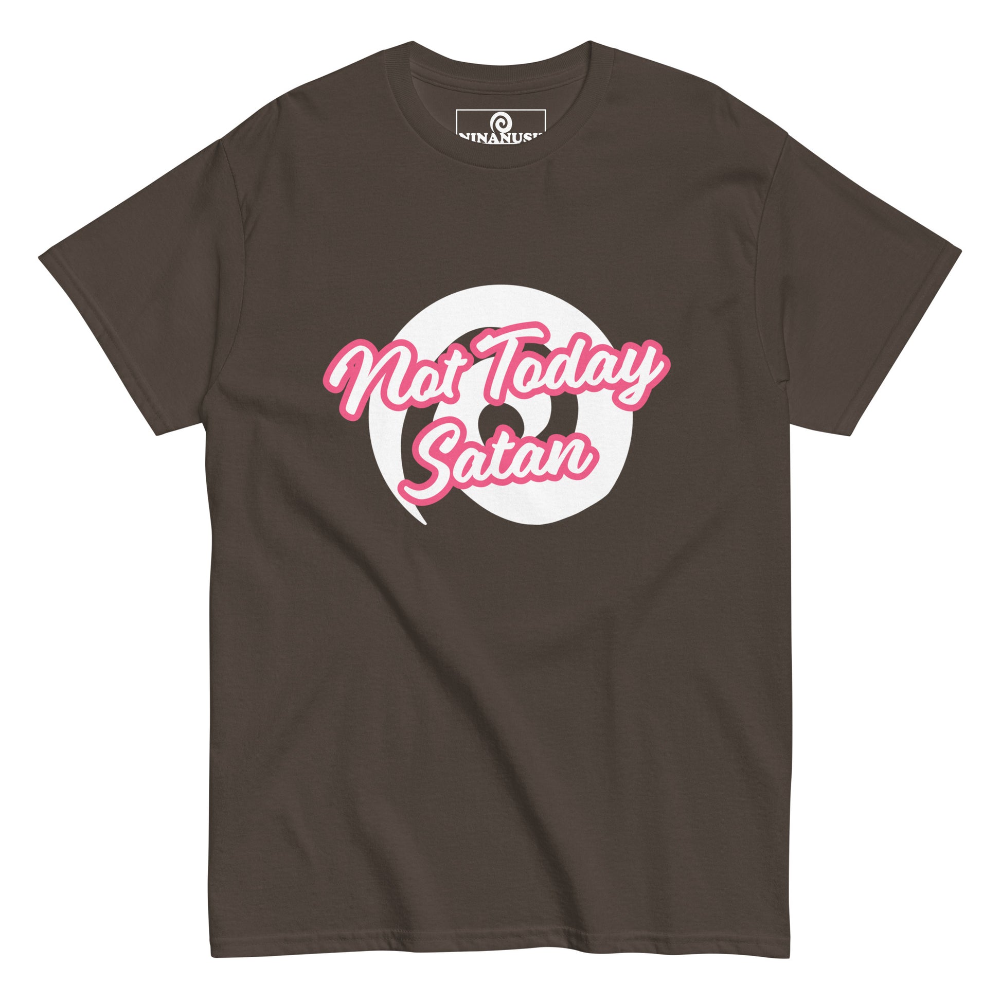Brown not today satan t-shirt from Nina's Funky Shop by ninanush - "Not today Satan" This classic cotton t-shirt is comfortable with a structured streetwear style. It stands out and comes in a variety of colors with "Not Today Satan" printed in pink and white.