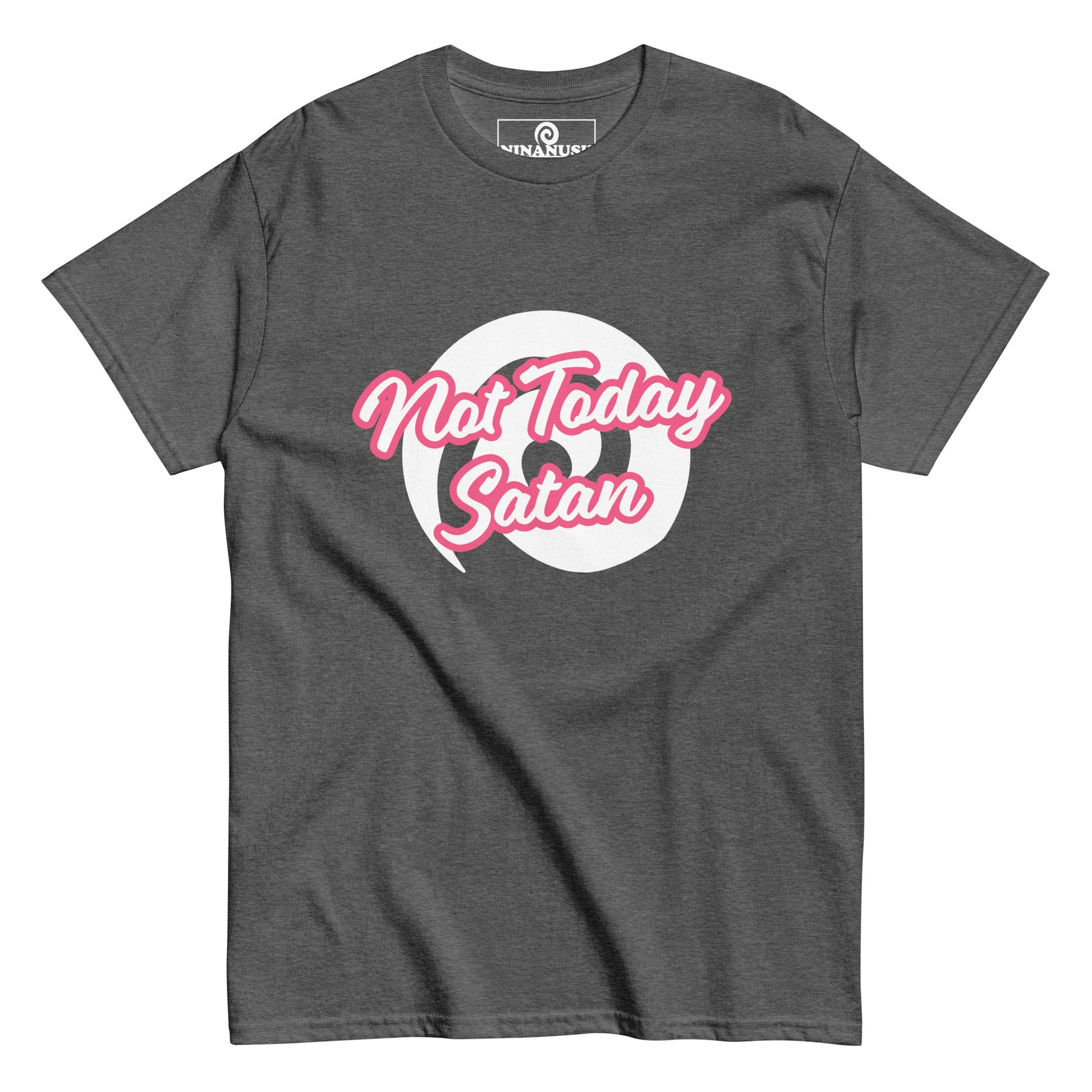 Gray not today satan t-shirt from Nina's Funky Shop by ninanush - "Not today Satan" This classic cotton t-shirt is comfortable with a structured streetwear style. It stands out and comes in a variety of colors with "Not Today Satan" printed in pink and white.