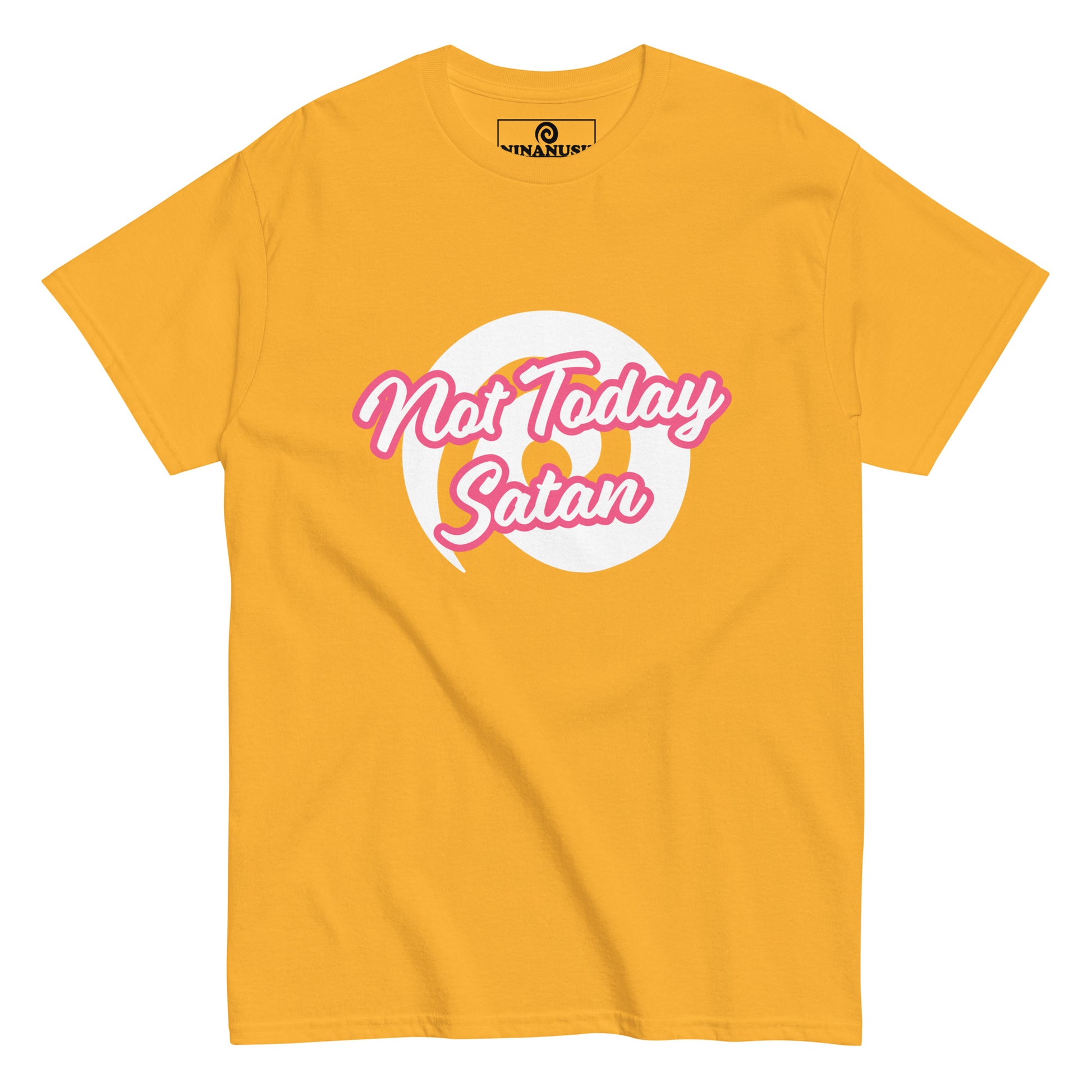 Yellow not today satan t-shirt from Nina's Funky Shop by ninanush - "Not today Satan" This classic cotton t-shirt is comfortable with a structured streetwear style. It stands out and comes in a variety of colors with "Not Today Satan" printed in pink and white.
