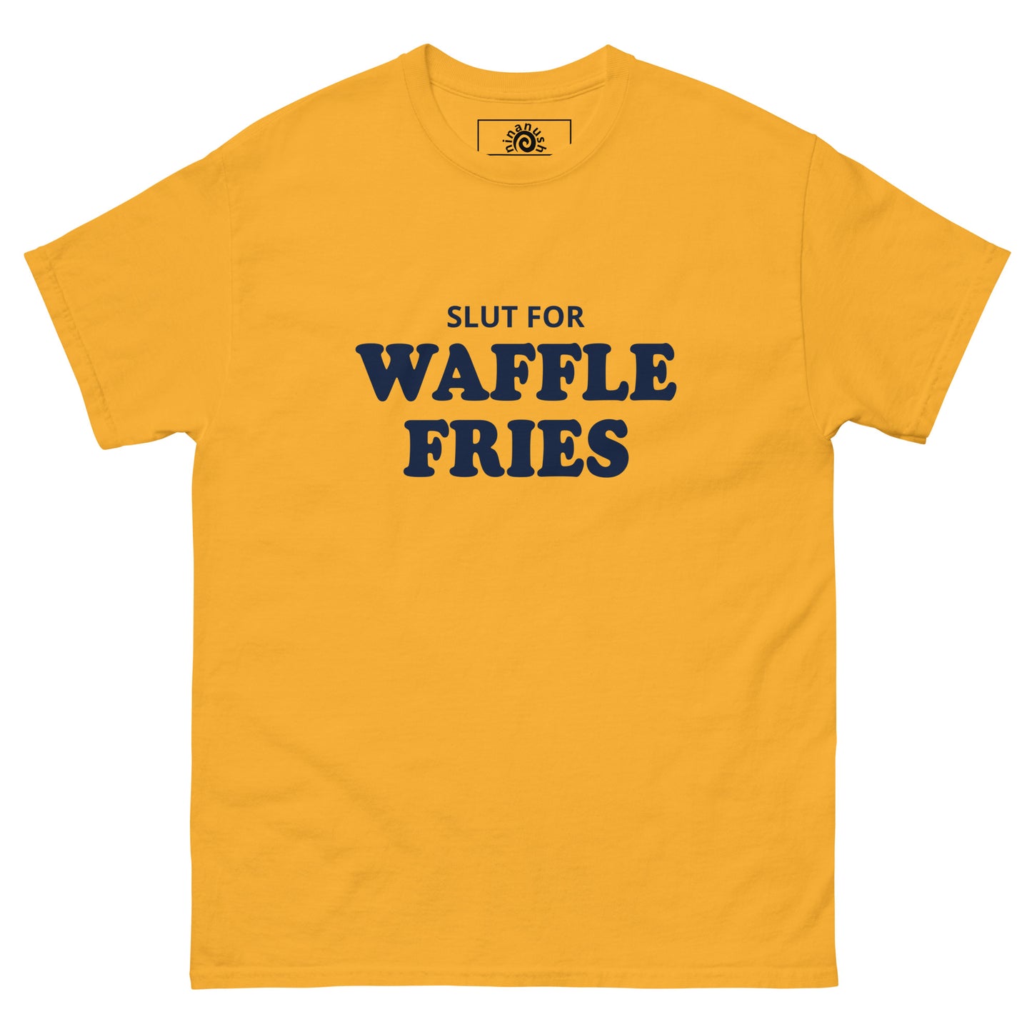 Yellow Slut for Waffle Fries T-shirt from Nina's Funky Shop by ninanush - Do you love waffle fries? Looking for a funny foodie gift? Our Waffle Fries T-shirt is soft, comfortable and just what you need. It's a structured unisex t-shirt with "Slut For Waffle Fries", expertly printed on the front. A funny foodie t-shirt for waffle fry enthusiasts and foodies of all kinds. Celebrate your favorite foods in our funky foodie apparel!
