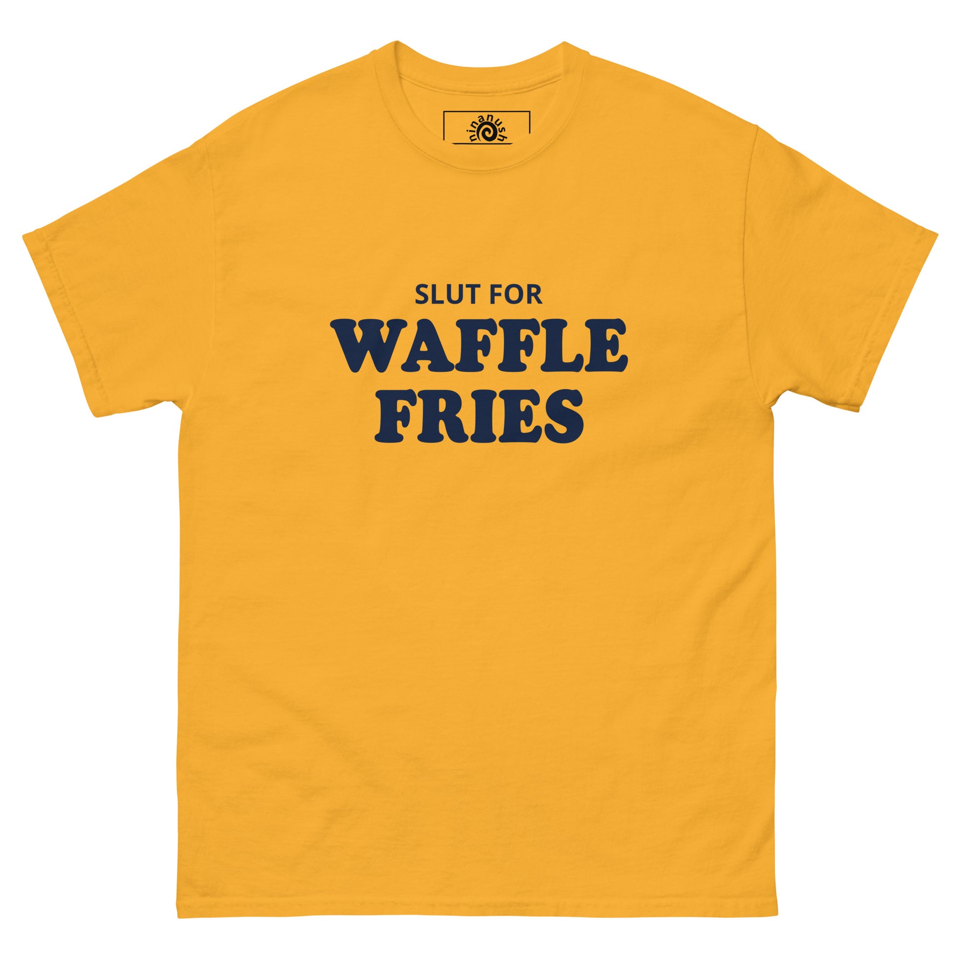 Yellow Slut for Waffle Fries T-shirt from Nina's Funky Shop by ninanush - Do you love waffle fries? Looking for a funny foodie gift? Our Waffle Fries T-shirt is soft, comfortable and just what you need. It's a structured unisex t-shirt with "Slut For Waffle Fries", expertly printed on the front. A funny foodie t-shirt for waffle fry enthusiasts and foodies of all kinds. Celebrate your favorite foods in our funky foodie apparel!