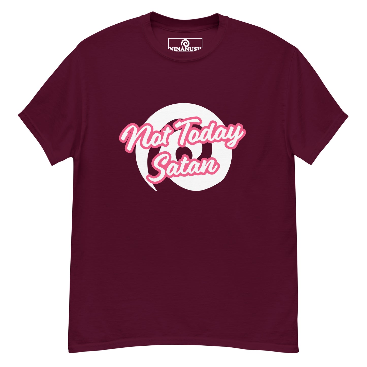 Maroon not today satan t-shirt from Nina's Funky Shop by ninanush - "Not today Satan" This classic cotton t-shirt is comfortable with a structured streetwear style. It stands out and comes in a variety of colors with "Not Today Satan" printed in pink and white.