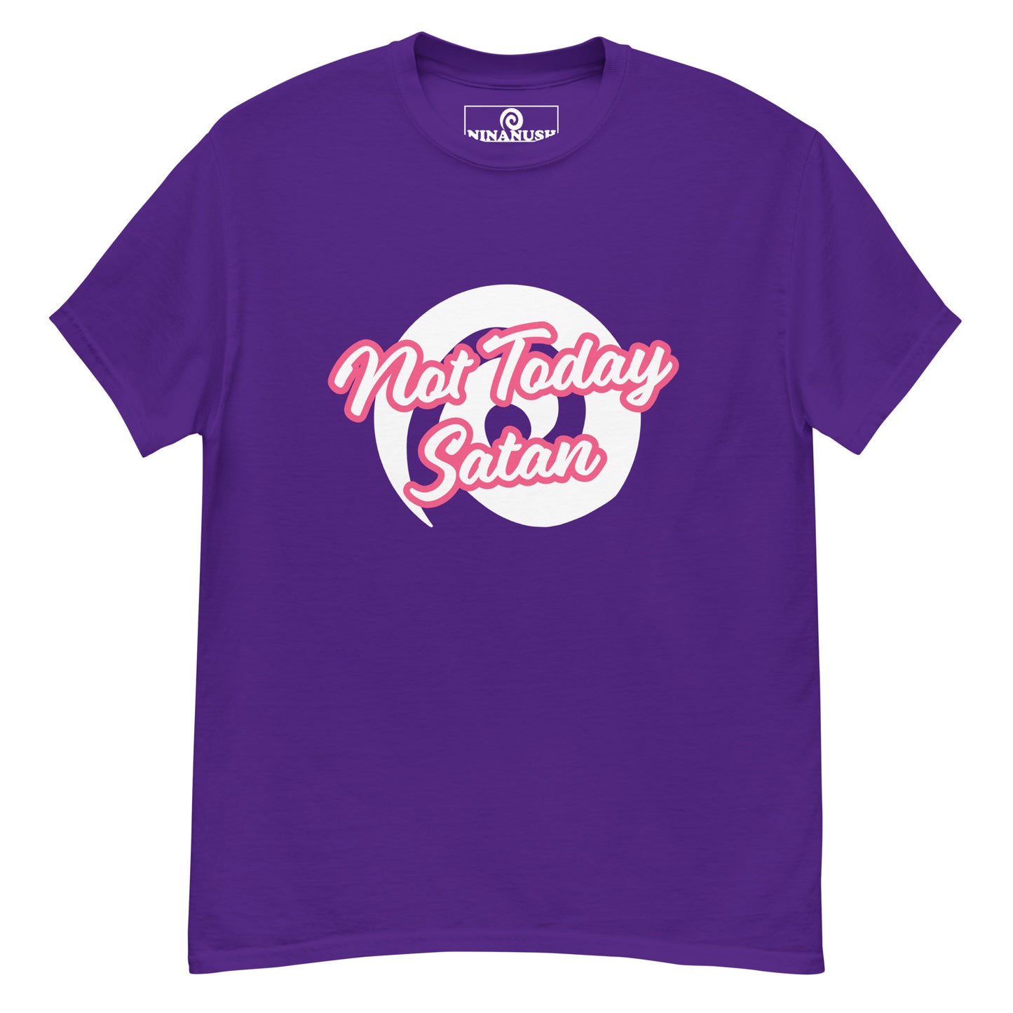 Purple not today satan t-shirt from Nina's Funky Shop by ninanush - "Not today Satan" This classic cotton t-shirt is comfortable with a structured streetwear style. It stands out and comes in a variety of colors with "Not Today Satan" printed in pink and white.