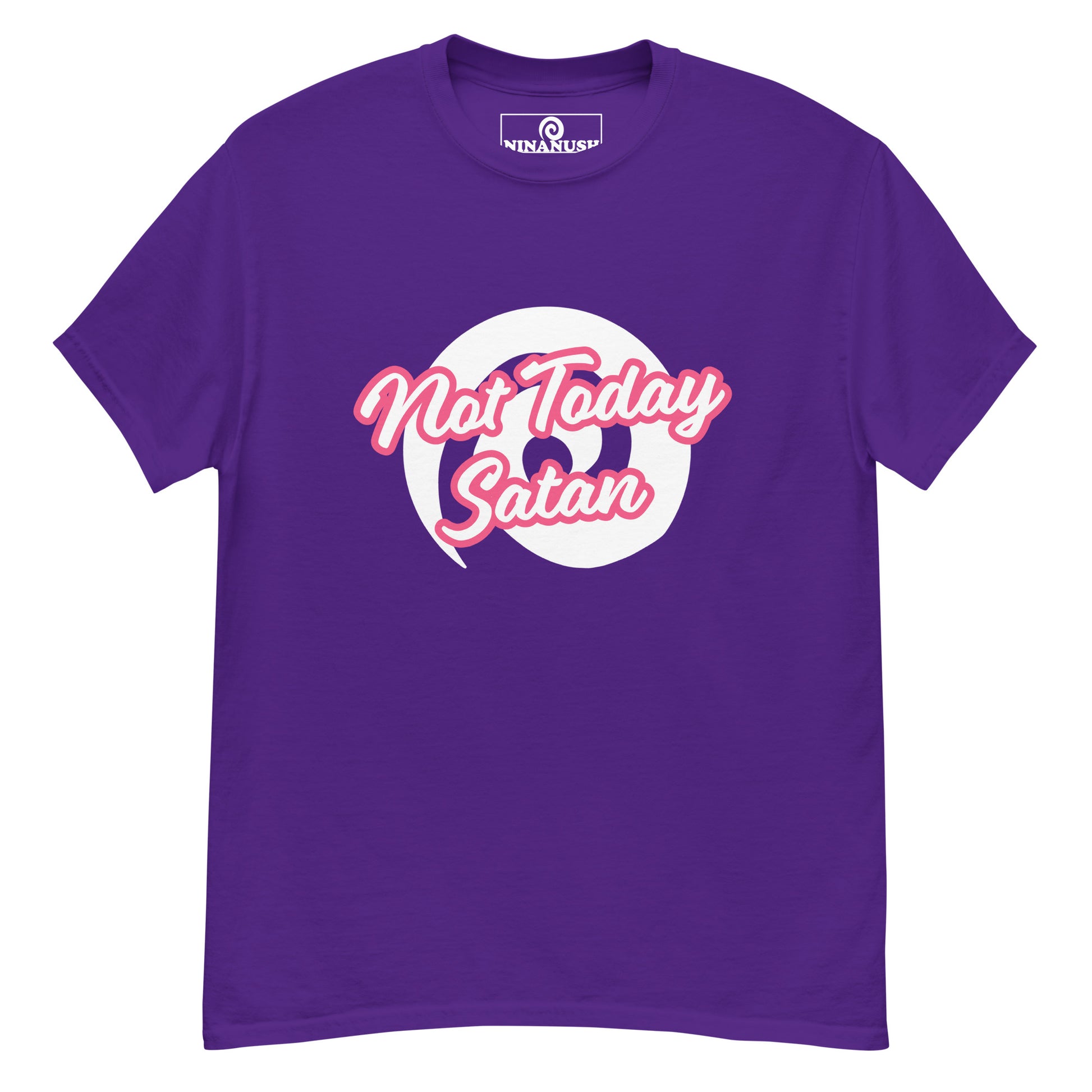 Purple not today satan t-shirt from Nina's Funky Shop by ninanush - "Not today Satan" This classic cotton t-shirt is comfortable with a structured streetwear style. It stands out and comes in a variety of colors with "Not Today Satan" printed in pink and white.