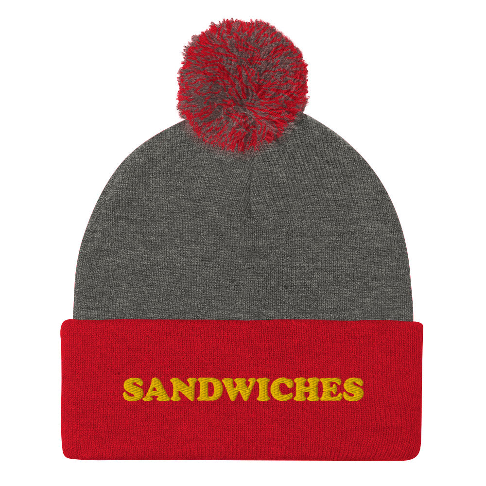 Red and Gray Foodie Beanie - Love sandwiches? This sandwich hat is just for you! It's a warm and cozy beanie with a classic pom pom on top and "sandwich", expertly embroidered on the front. Designed by Nina and made just for you! Looking for something personalized? A different embroidery color? Shoot us an email or check out our customizable apparel! 