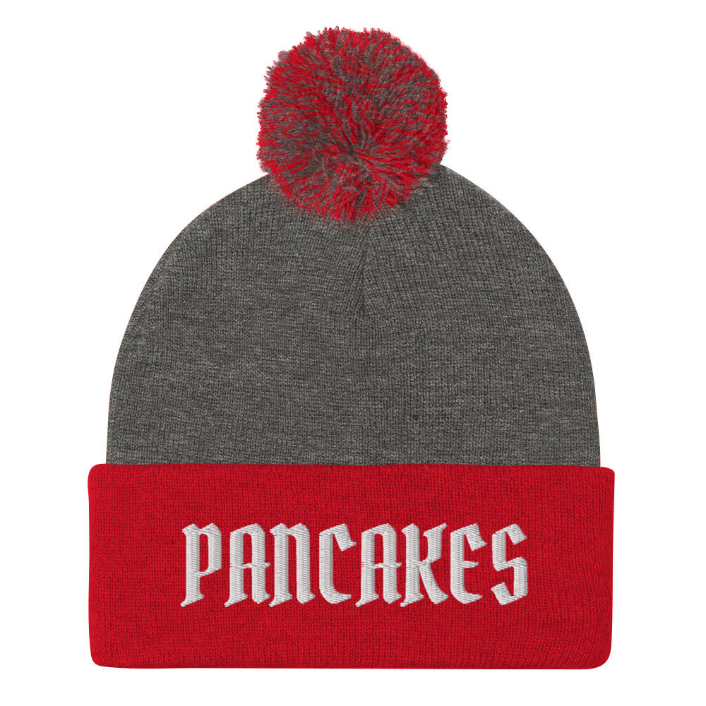 Red and gray pancakes beanie - Are you a pancake enthusiast? Celebrate your favorite food in our funny beanies for foodies and beyond. Our Pancake Beanie is comfortable, comes in a variety of colors and is made just for you! Looking for something personalized? A different embroidery color? Shoot us an email or check out our customizable apparel!
