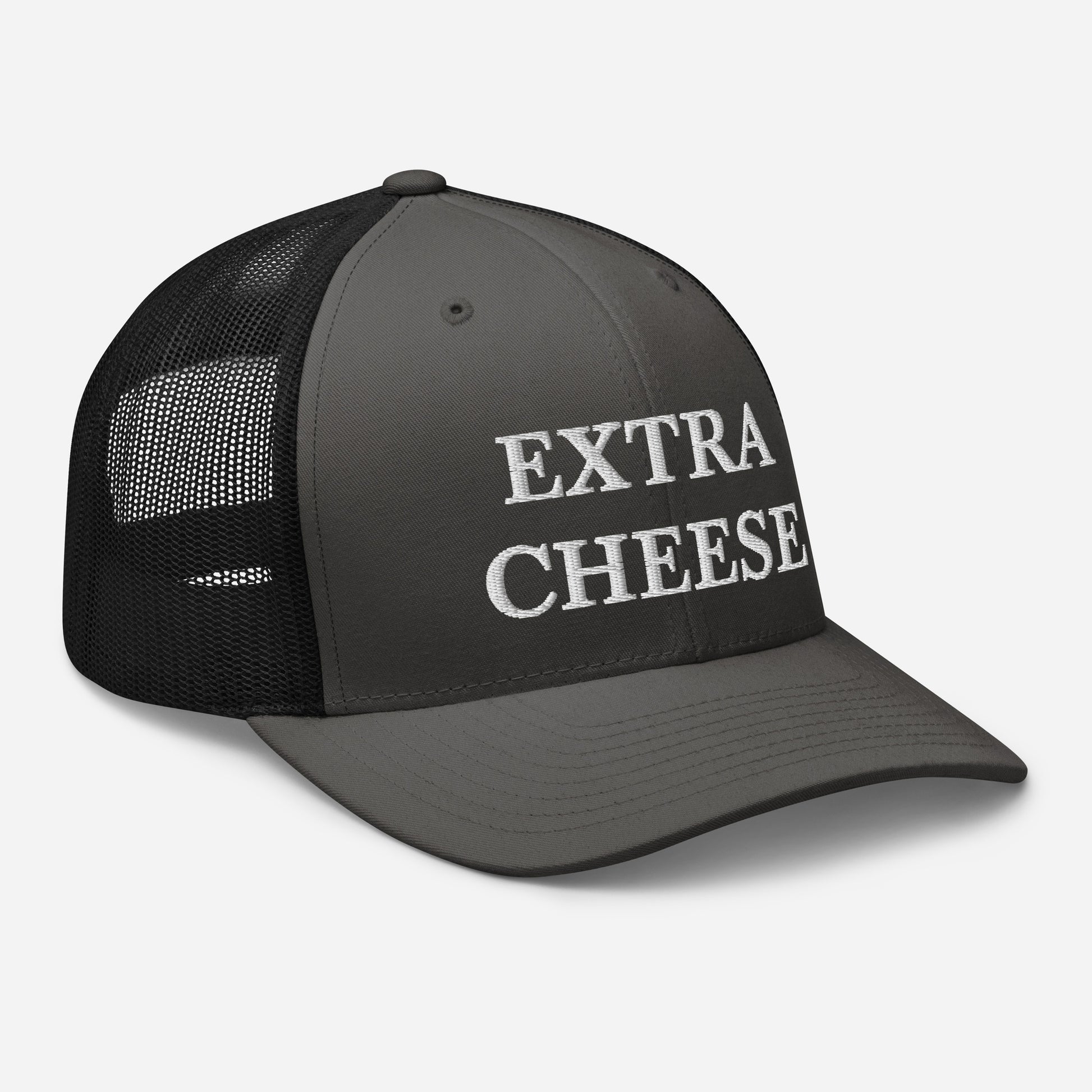 Gray and Black Extra Cheese Trucker Hat from Nina's Funky Shop by ninanush - Cheese enthusiast? Looking for a funny foodie gift? This Extra Cheese Hat is comfortable, comes in a variety of colors and has a convenient adjustable closure. This fun foodie hat is expertly embroidered and the perfect funny trucker hat for cheese lovers. Eat your favorite food in our foodie hats and foodie apparel.