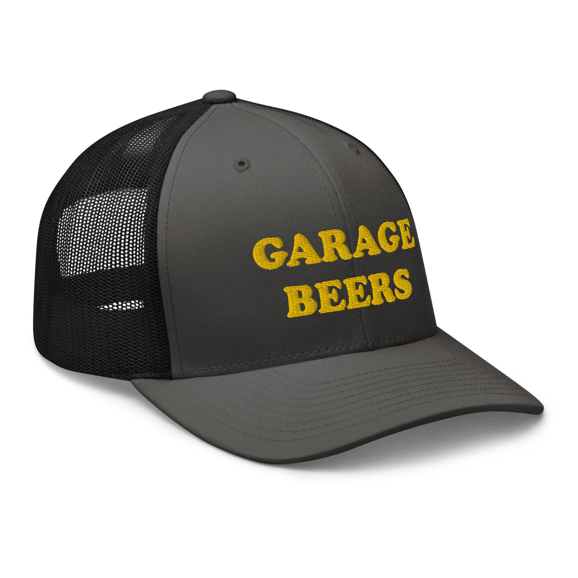Dark Gray and Black Garage Beers Trucker Hat from Nina's Funky Shop - Love Beer? Looking for a funny gift for a friend? This Garage Beers Trucker Hat is comfortable, has a convenient adjustable closure and comes in a variety of colors with "garage beers", expertly embroidered on the front. It's a funny trucker hat for everyday beer lovers.