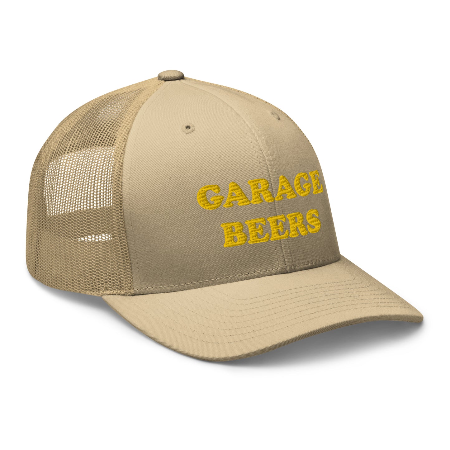 Khaki Garage Beers Trucker Hat from Nina's Funky Shop - Love Beer? Looking for a funny gift for a friend? This Garage Beers Trucker Hat is comfortable, has a convenient adjustable closure and comes in a variety of colors with "garage beers", expertly embroidered on the front. It's a funny trucker hat for everyday beer lovers.