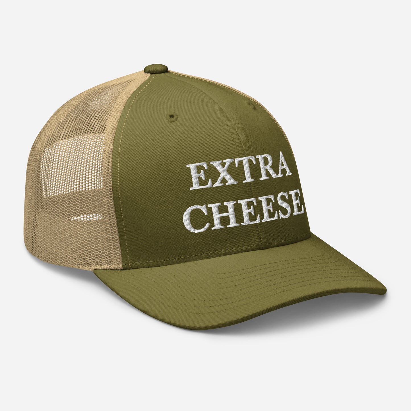 Green and Tan Extra Cheese Trucker Hat from Nina's Funky Shop by ninanush - Cheese enthusiast? Looking for a funny foodie gift? This Extra Cheese Hat is comfortable, comes in a variety of colors and has a convenient adjustable closure. This fun foodie hat is expertly embroidered and the perfect funny trucker hat for cheese lovers. Eat your favorite food in our foodie hats and foodie apparel.