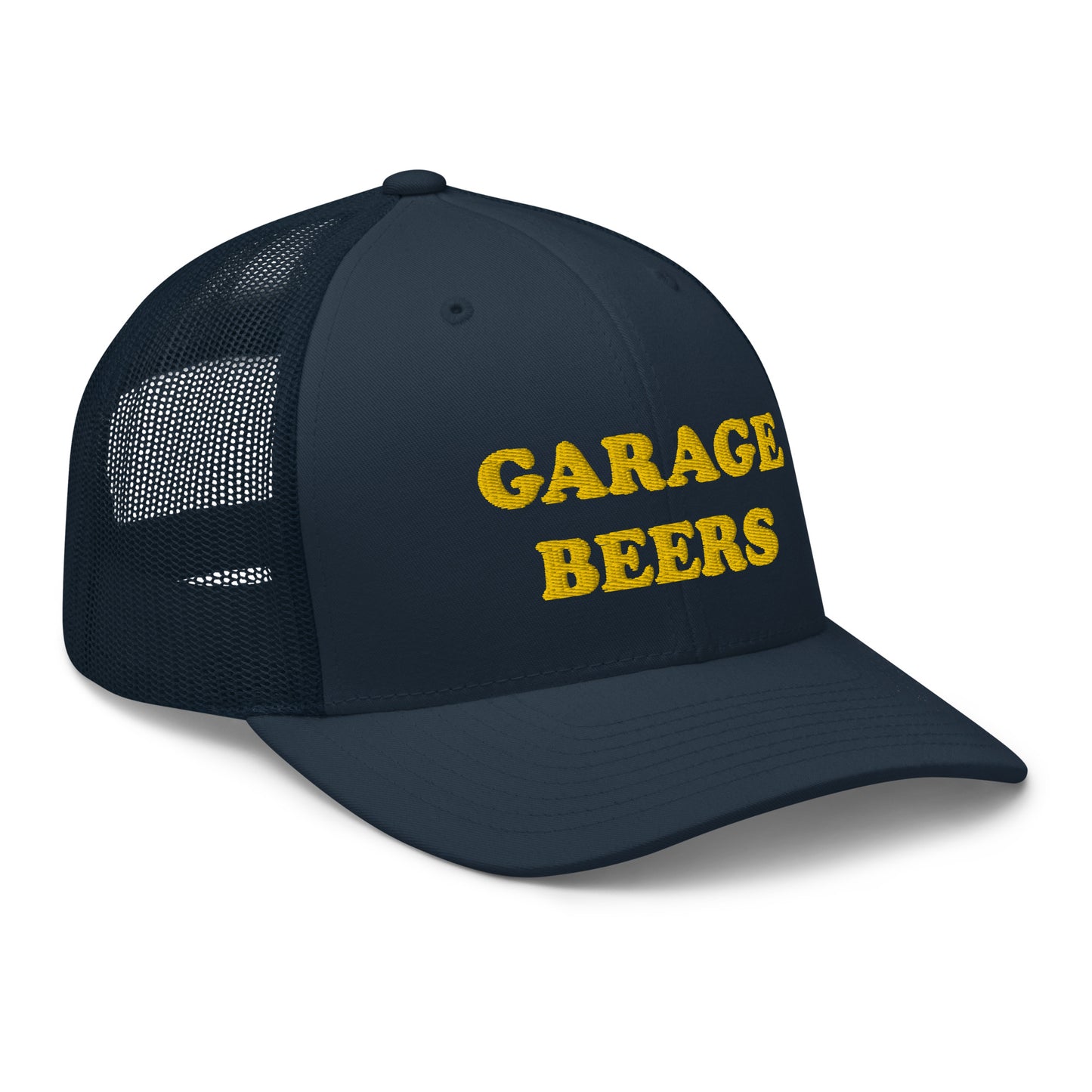 Navy Garage Beers Trucker Hat from Nina's Funky Shop - Love Beer? Looking for a funny gift for a friend? This Garage Beers Trucker Hat is comfortable, has a convenient adjustable closure and comes in a variety of colors with "garage beers", expertly embroidered on the front. It's a funny trucker hat for everyday beer lovers.