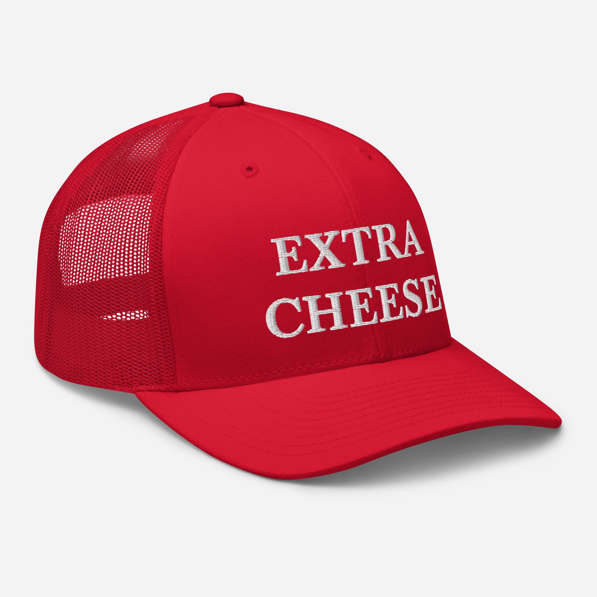 Red Extra Cheese Trucker Hat from Nina's Funky Shop by ninanush - Cheese enthusiast? Looking for a funny foodie gift? This Extra Cheese Hat is comfortable, comes in a variety of colors and has a convenient adjustable closure. This fun foodie hat is expertly embroidered and the perfect funny trucker hat for cheese lovers. Eat your favorite food in our foodie hats and foodie apparel.