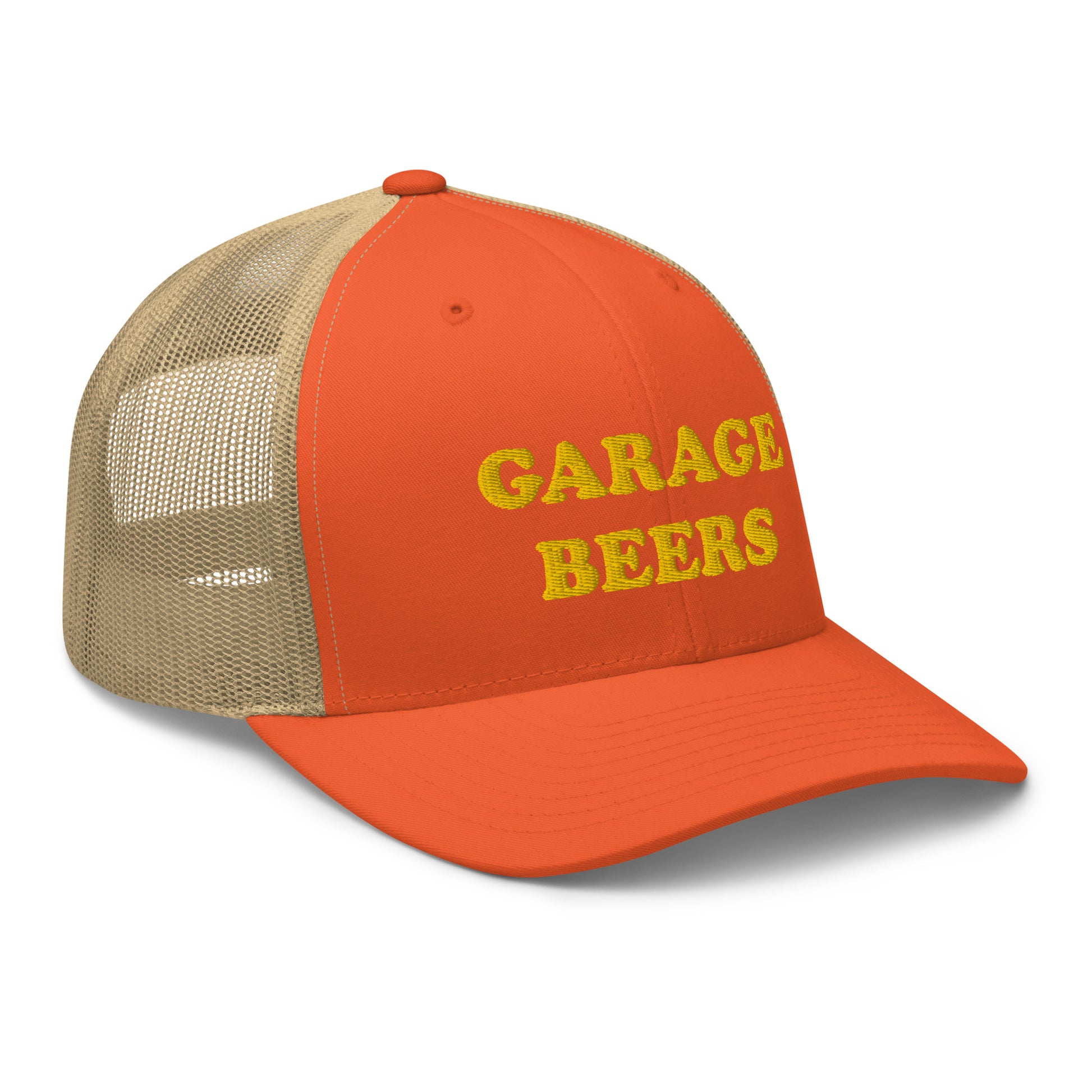 Orange Garage Beers Trucker Hat from Nina's Funky Shop - Love Beer? Looking for a funny gift for a friend? This Garage Beers Trucker Hat is comfortable, has a convenient adjustable closure and comes in a variety of colors with "garage beers", expertly embroidered on the front. It's a funny trucker hat for everyday beer lovers.