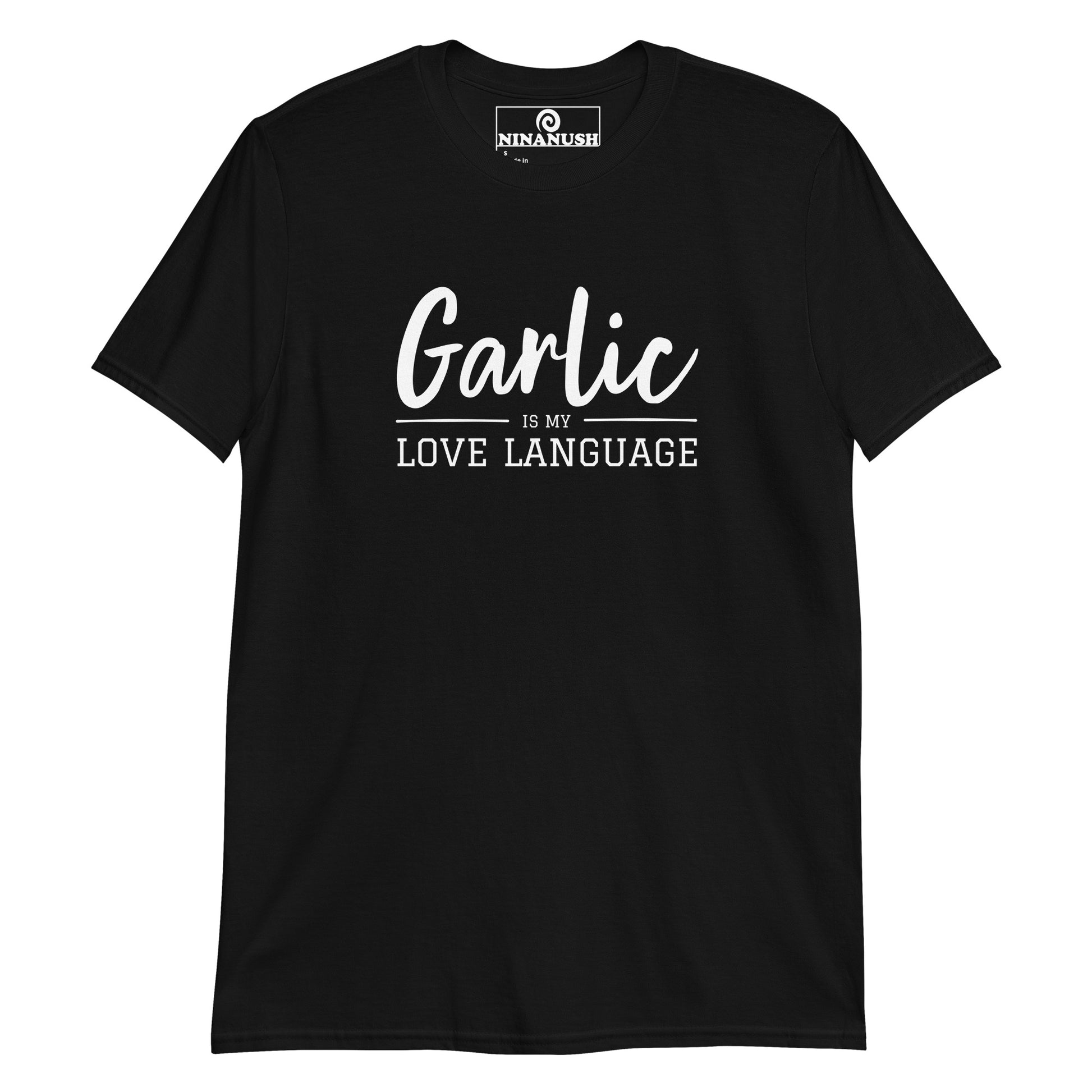 Black Funny love language shirt for garlic lovers - Is garlic your love language? This funny garlic t-shirt is eye catching, unique and the perfect shirt for garlic enthusiasts. It's a classic tee with a sarcastic love language design for garlic lovers and foodies. Express your passion for garlic in this conversation starting graphic tee and our foodie streetwear.