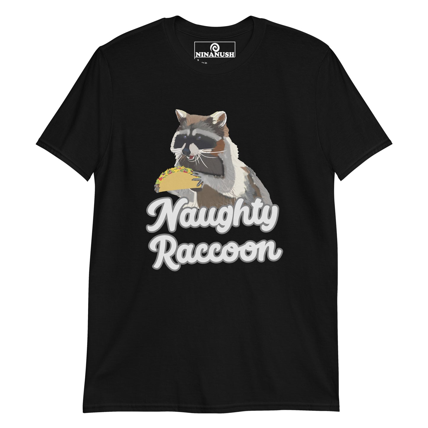 Black naughty raccoon shirt from Nina's Funky Shop by ninanush - This naughty raccoon shirt is designed for raccoon lovers, taco aficionados and made just for you. It's a a soft and comfortable cotton t-shirt with the words "naughty raccoon" and a unique raccoon holding a taco. Wear this funny foodie t-shirt on everyday outings or give it as a funny gift for a raccoon enthusiast.