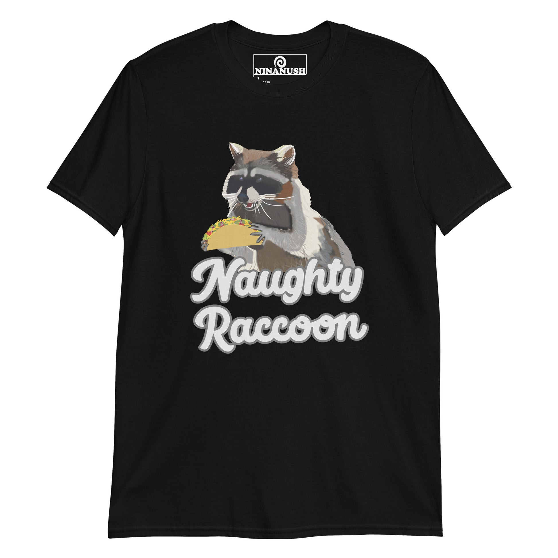 Black naughty raccoon shirt from Nina's Funky Shop by ninanush - This naughty raccoon shirt is designed for raccoon lovers, taco aficionados and made just for you. It's a a soft and comfortable cotton t-shirt with the words "naughty raccoon" and a unique raccoon holding a taco. Wear this funny foodie t-shirt on everyday outings or give it as a funny gift for a raccoon enthusiast.
