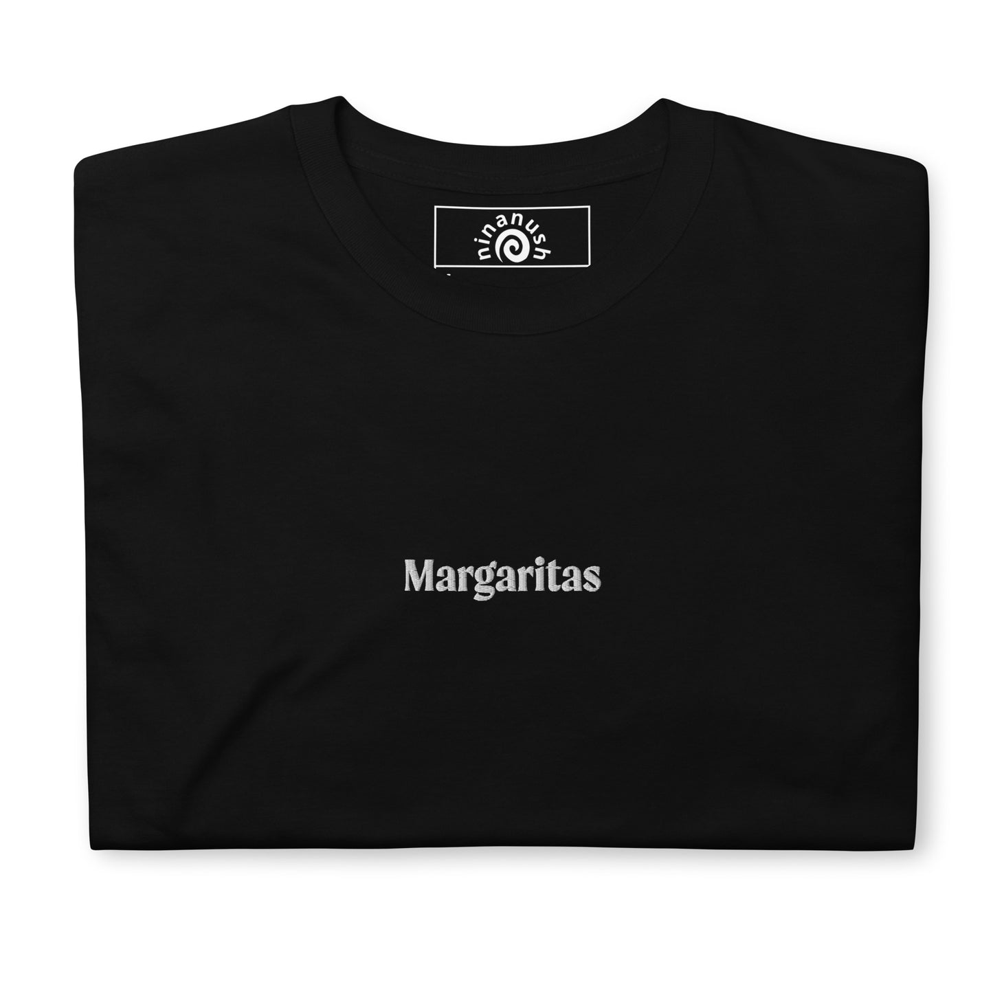 Black margaritas t-shirt from Nina's Funky Shop by ninanush - This margarita t-shirt is a unisex cotton tee with the word "margaritas", embroidered on the front. A simple margarita lover t-shirt that makes a statement. Drink your favorite margarita and add a little personality to your everyday outfits with this margarita enthusiast shirt. It's designed by Nina and made just for you.