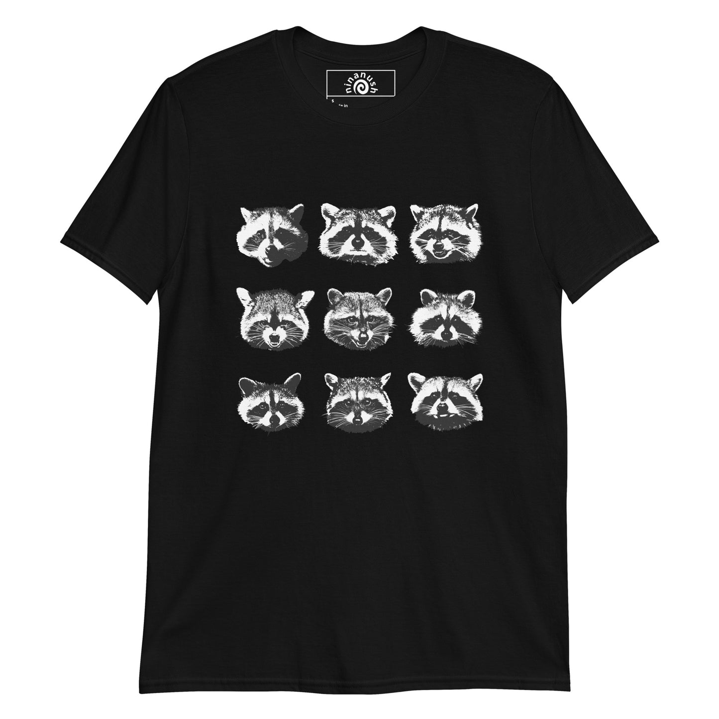 Black t-shirt with raccoon faces from Nina's Funky Shop by ninanush - Do you love cute raccoons? Looking for a fun gift for raccoon lovers? This raccoon faces T-Shirt is just what you need. It's a soft and comfortable cotton shirt with nine unique and funny raccoon faces, expertly printed on the front. Stay weird in this funny raccoon t-shirt design. Perfect for raccoon enthusiasts of all kinds.