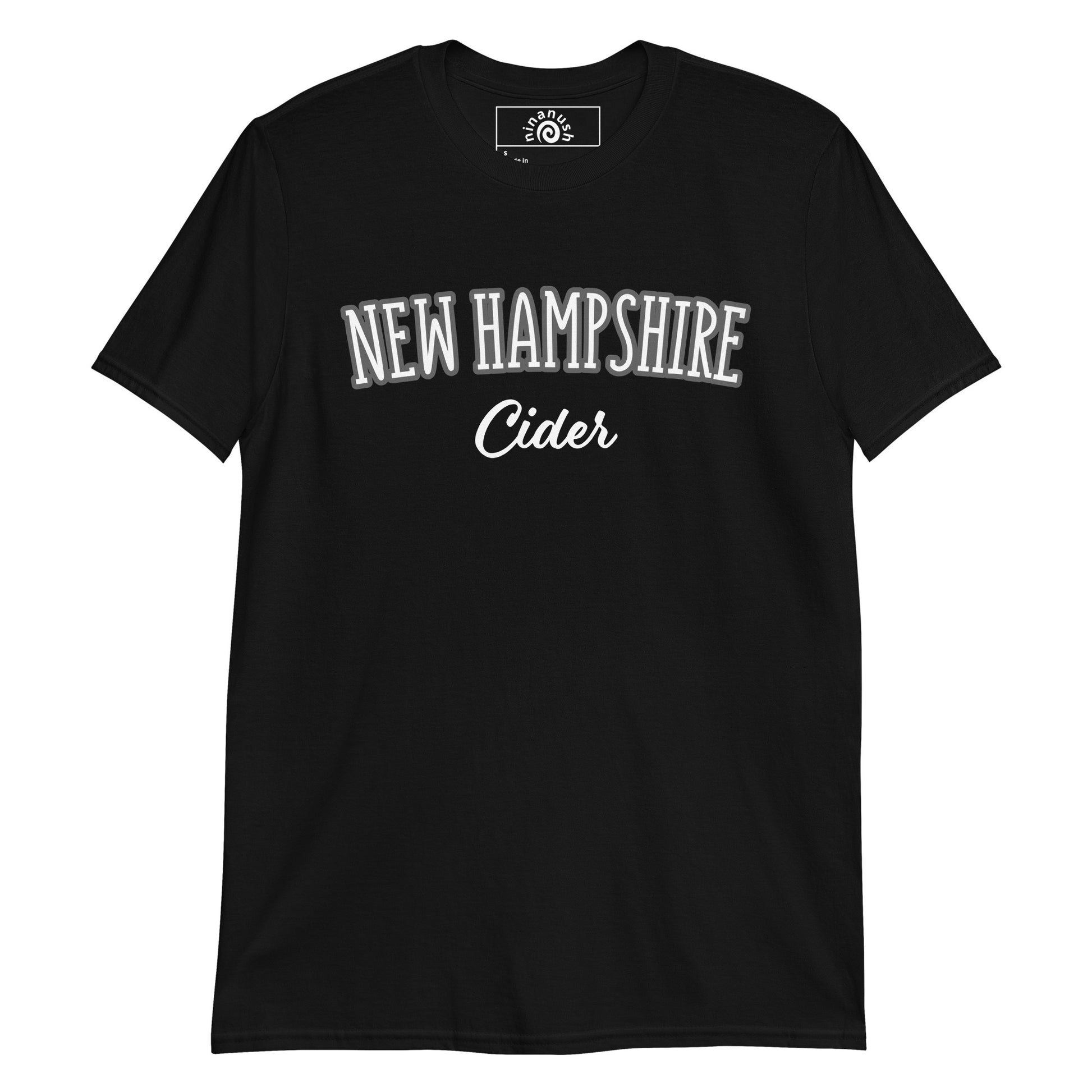 Black Customizable New Hampshire t-shirt from Nina's Funky Shop by ninanush - Are you a New Hampshire local? Looking for a fun New Hampshire t-shirt or a funny gift for a New Englander? Design your perfect New Hampshire T-shirt right here with us! Just add your custom text and create your new favorite tee. Design: "New Hampshire" in an arc across the chest. Stand out in this varsity style New England Shirt.