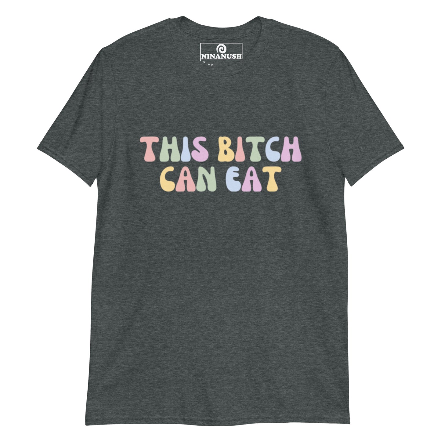 Gray this bitch can eat t-shirt with colorful letters - This bitch can eat! This Unisex food enthusiast shirt is soft, comfortable, designed for people who love to eat and made just for you. Make a statement and eat your heart out in our "This Bitch Can Eat" cotton graphic tee. It's a funny everyday foodie t-shirt or a perfect funny gift for a fellow food loving bitch.