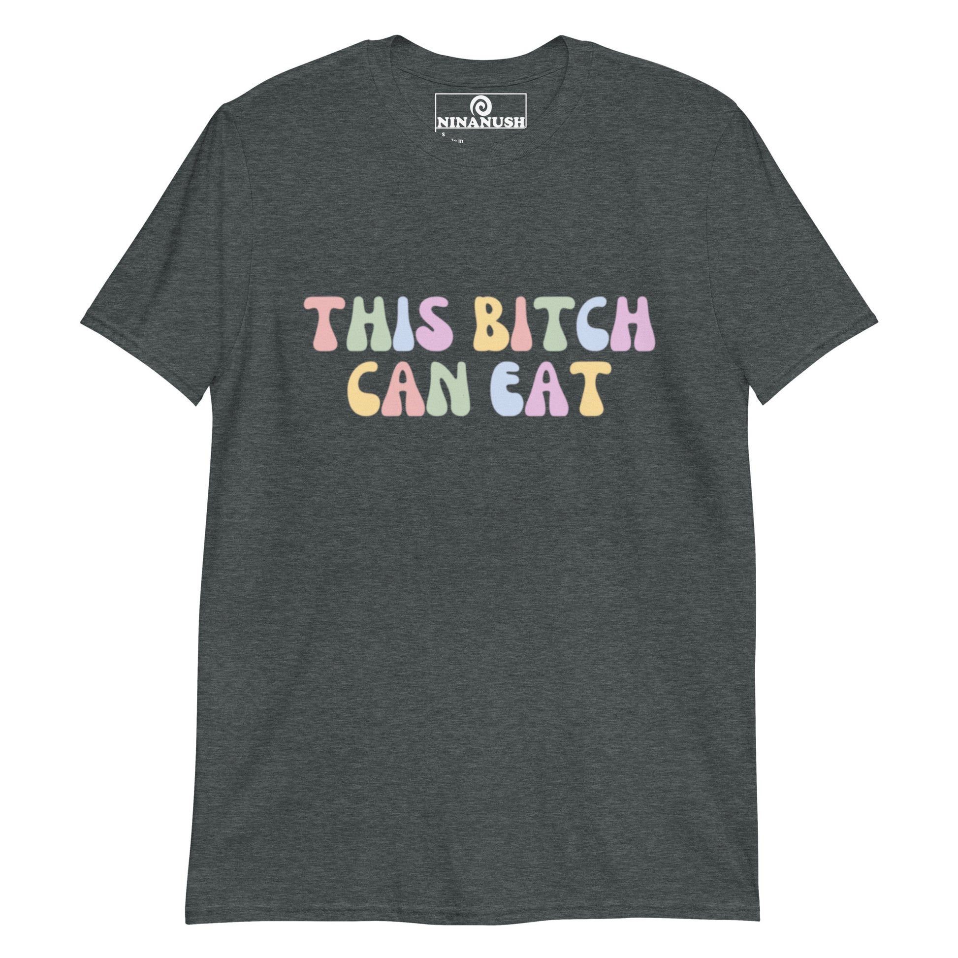 Gray this bitch can eat t-shirt with colorful letters - This bitch can eat! This Unisex food enthusiast shirt is soft, comfortable, designed for people who love to eat and made just for you. Make a statement and eat your heart out in our "This Bitch Can Eat" cotton graphic tee. It's a funny everyday foodie t-shirt or a perfect funny gift for a fellow food loving bitch.