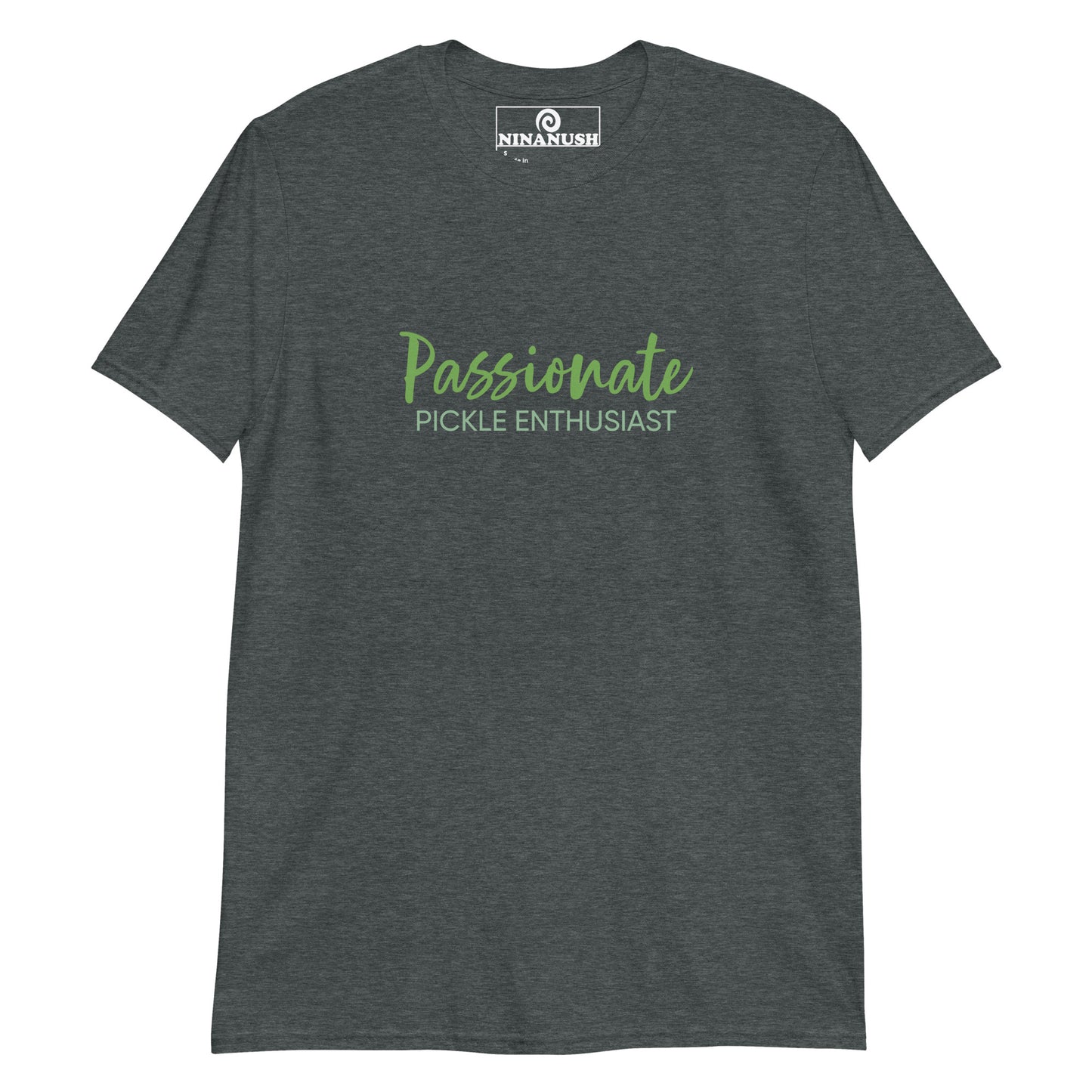 Dark gray pickle enthusiast t-shirt - A cotton T-Shirt for pickle lovers with the words "Passionate Pickle Enthusiast" printed in shades of pickle green. It's a soft, comfortable pickle lover shirt that's designed for foodies and made just for you. This unique foodie shirt makes a funny gift for pickle enthusiasts and unusual graphic tee for foodies.