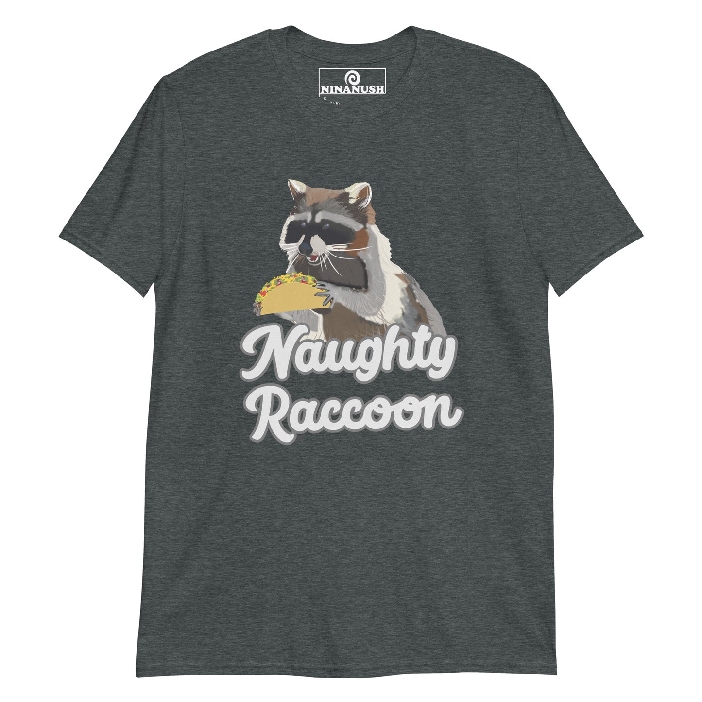 Dark gray naughty raccoon shirt from Nina's Funky Shop by ninanush - This naughty raccoon shirt is designed for raccoon lovers, taco aficionados and made just for you. It's a a soft and comfortable cotton t-shirt with the words "naughty raccoon" and a unique raccoon holding a taco. Wear this funny foodie t-shirt on everyday outings or give it as a funny gift for a raccoon enthusiast.