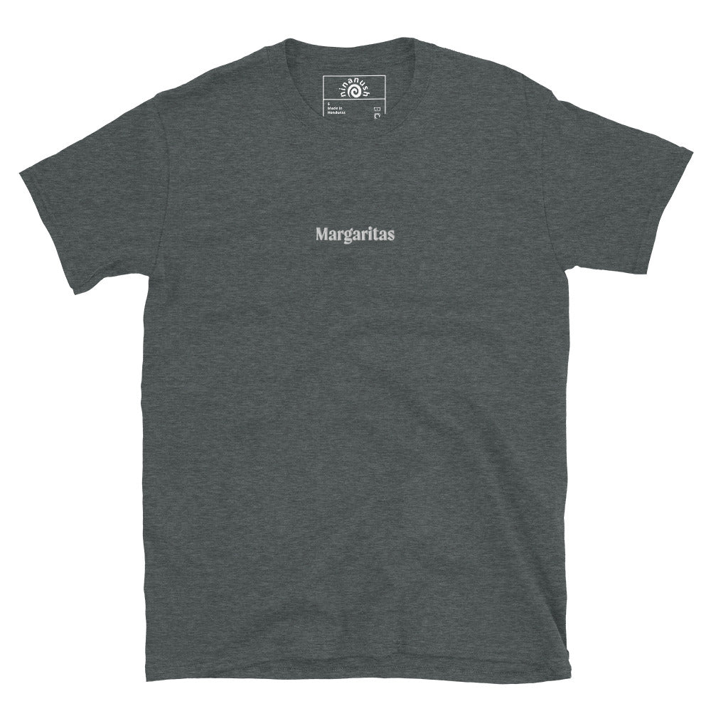 Dark heather gray margaritas t-shirt from Nina's Funky Shop by ninanush - This margarita t-shirt is a unisex cotton tee with the word "margaritas", embroidered on the front. A simple margarita lover t-shirt that makes a statement. Drink your favorite margarita and add a little personality to your everyday outfits with this margarita enthusiast shirt. It's designed by Nina and made just for you.