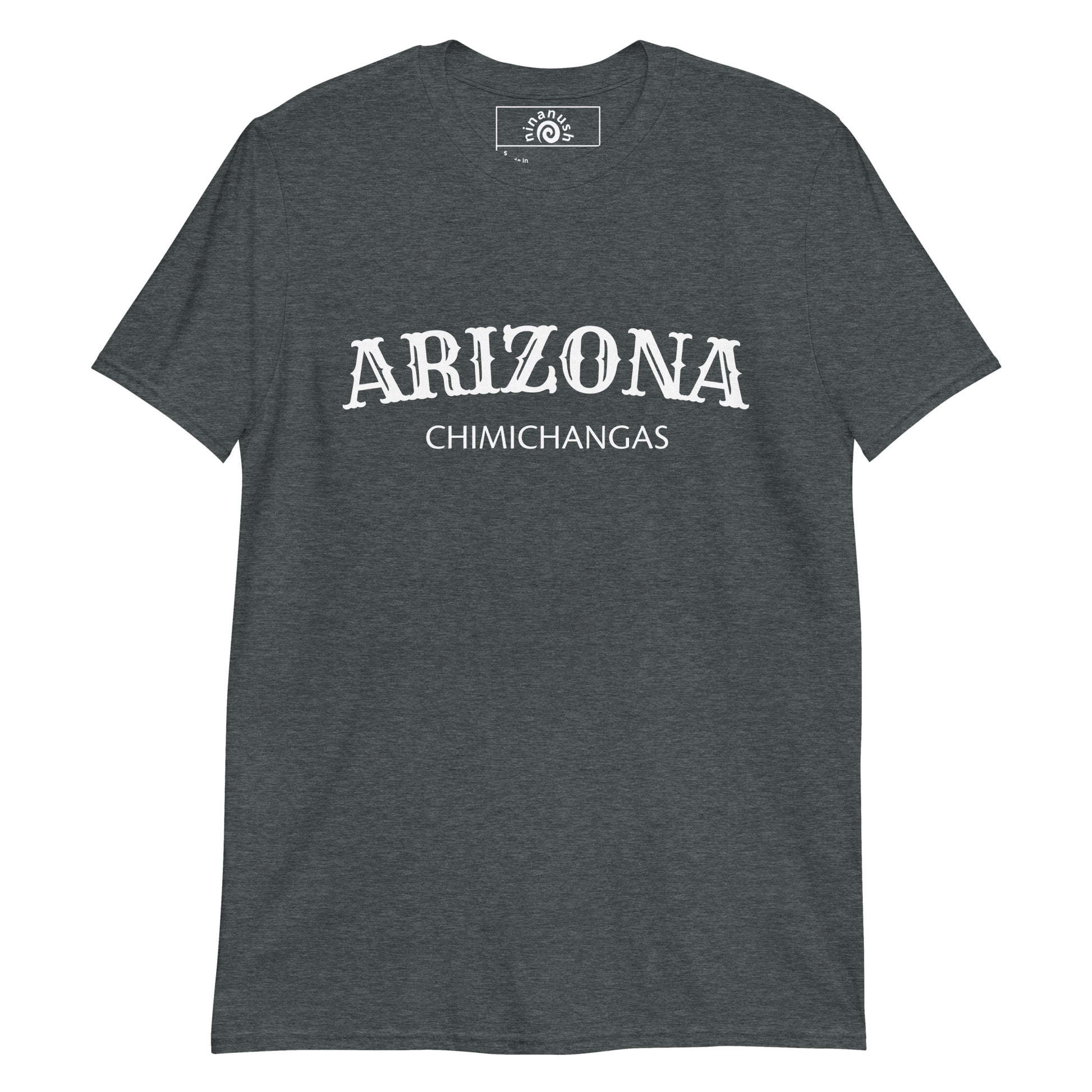Dark Gray Arizona Chimichangas T-shirt from Nina's Funky Shop by ninanush - Do you love chimichangas? Looking for a fun foodie gift? Our Arizona Chimichangas Shirt is just what you need! It's a unisex, crew neck T-shirt that's soft and comfortable with "Arizona Chimichangas", expertly printed on the front. Eat your favorite foods in this funny foodie tee, it's designed by Nina.