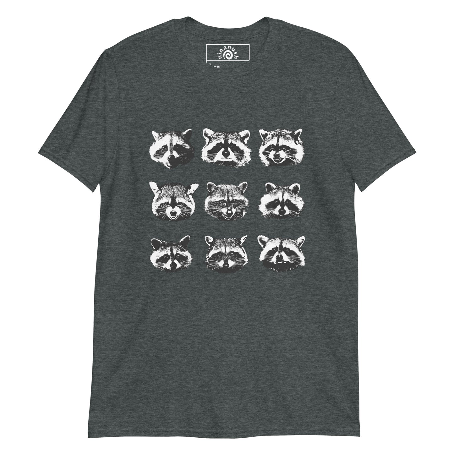Dark Gray Raccoon Faces T-shirt from Nina's Funky Shop by ninanush - Do you love cute raccoons? Looking for a fun gift for raccoon lovers? This raccoon faces T-Shirt is just what you need. It's a soft and comfortable cotton shirt with nine unique and funny raccoon faces, expertly printed on the front. Stay weird in this funny raccoon t-shirt design. Perfect for raccoon enthusiasts of all kinds.